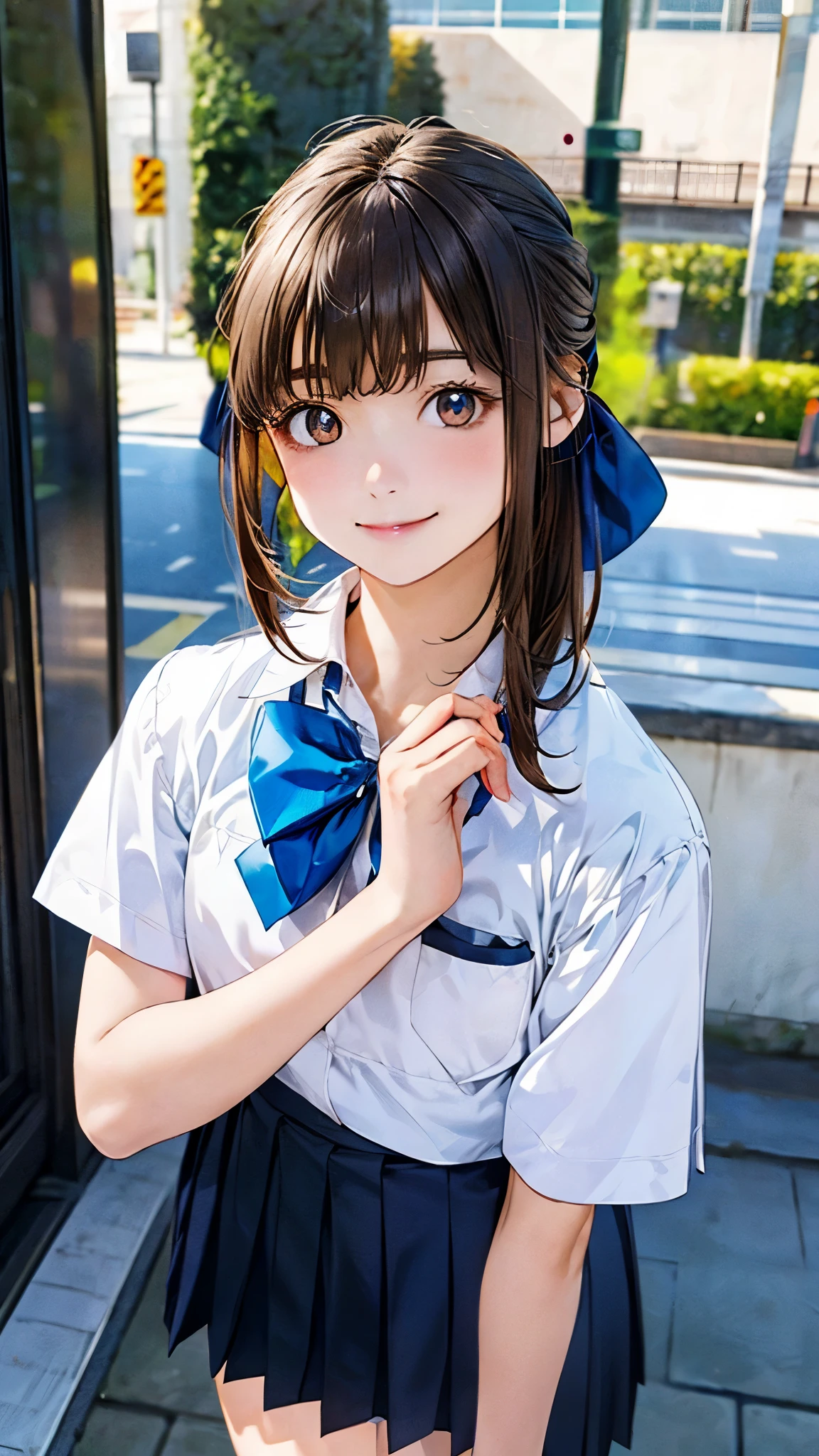 (masterpiece:1.2, top-quality), (realistic, photorealistic:1.4), beautiful illustration, (natural side lighting, movie lighting),
looking at viewer, 1 girl, japanese, junior high school girl, 12 years old, perfect face, cute and symmetrical face, shiny skin, slender,
(middle hair:1.2, half updo:1.4, light brown hair), asymmetrical bangs, brown eyes, long eye lasher, (medium breasts:0.7),
beautiful hair, beautiful face, beautiful detailed eyes, beautiful clavicle, beautiful body, beautiful chests, beautiful thigh, beautiful legs, beautiful fingers,
((detailed cloth texture, short sleeve white collared shirt, blue pleated mini skirt, blue bow tai)),
(beautiful scenery), evening, (outdoors), standing, (cute, lovely smile, upper eyes),