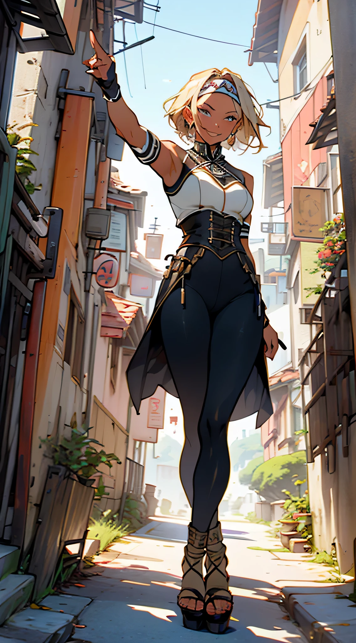 Lucia, masterpiece, anime screencap, 1 girl, solo, woman, mature, short hair, blonde hair, headband. dark skin, native american costume, leggings, black brown costume, bare arms, wristbands, teasing smile, follow me gesture, cowboy shot, outdoors, medieval town 