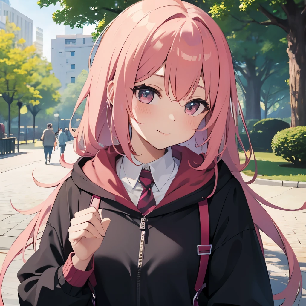 Anime girl in the park. pink hair. . excited