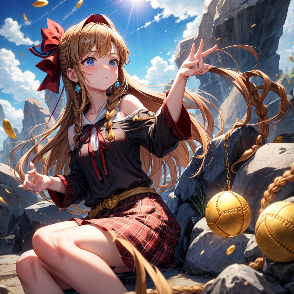 reddish-brown blonde、blue eyes、Braid、ponytail、one good looking girl、solo、anime、Plaid miniskirt、camisole、black t-shirt、dress、Doing the ribbon、Ribbon at waist、cloak、Crystal Grotto、hood、desert、clouds are swirling、stone slabs are piled up、One hand is raised、Wearing a baseball cap 、crystal earrings、sun、sitting、holding gold coins in mouth