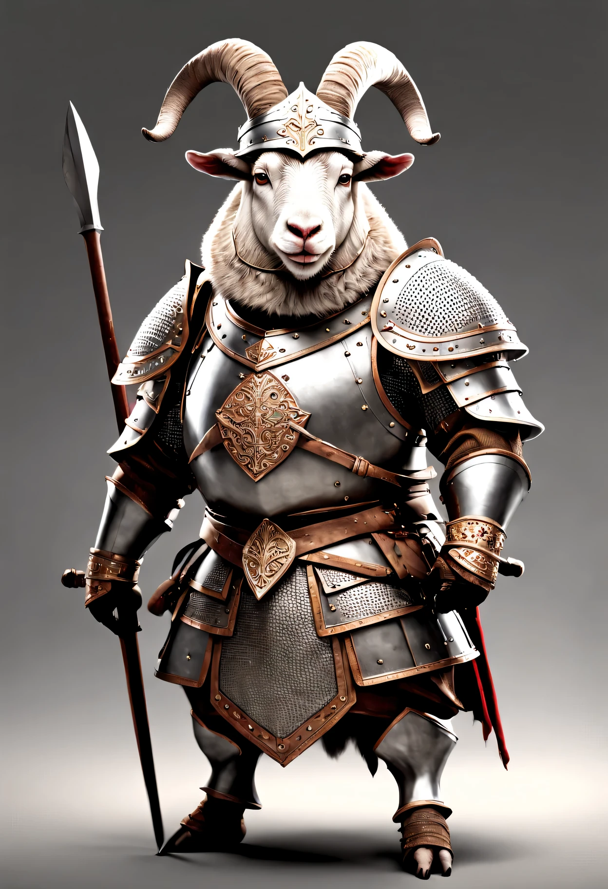 photorealistic portrait of Dressed animals - a ((fat)) goat warrior,(brave pose), high quality,(lovely) ,intricate details, highly detailed ((medieval armor and helmet)) ,,highly detailed decorations, , (brave), studio lighting,(full body image:1.5)