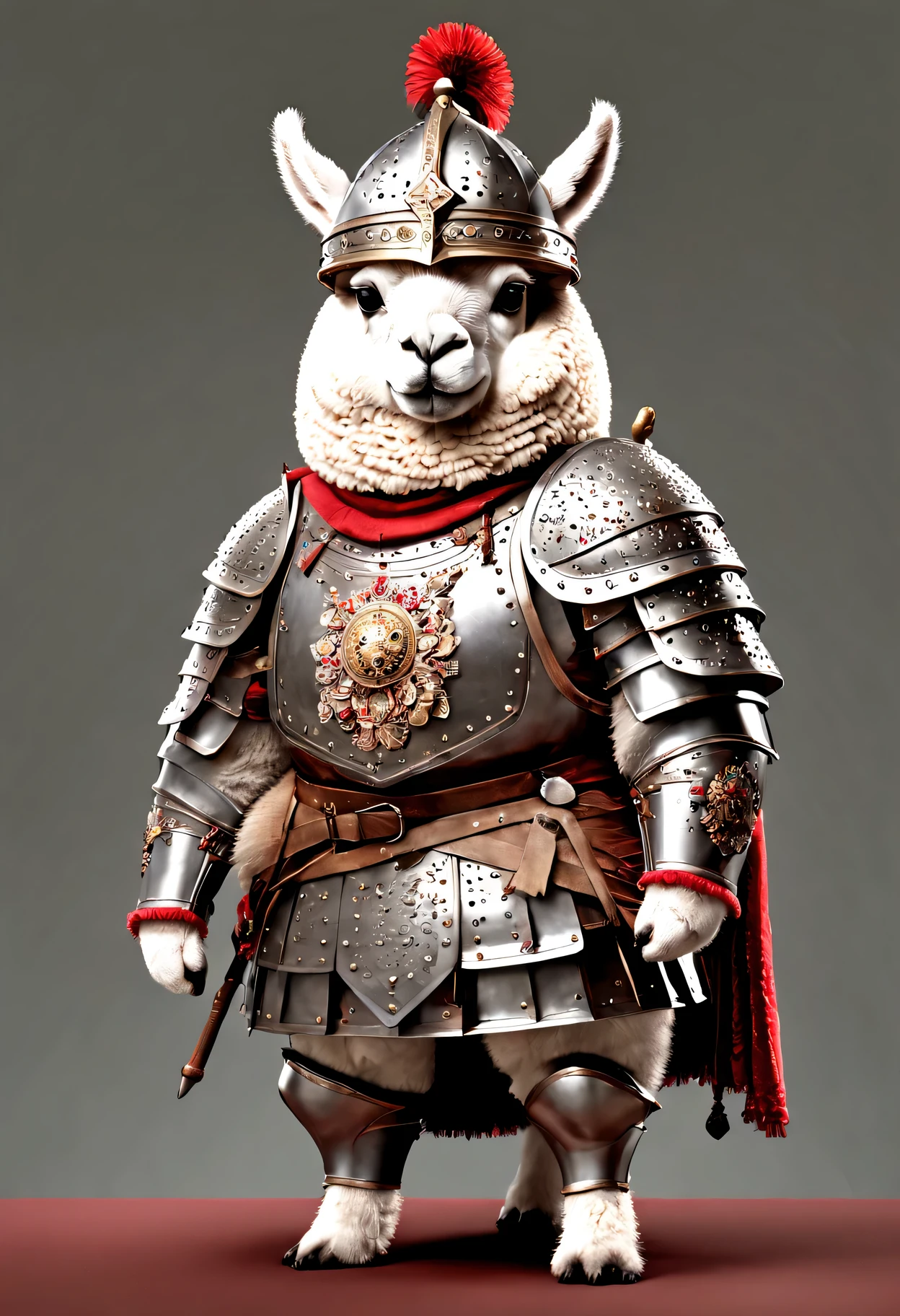 photorealistic portrait of Dressed animals - a ((fat)) alpaca warrior,(brave pose), high quality,(lovely) ,intricate details, highly detailed ((medieval armor and helmet)) ,,highly detailed decorations, , (brave), studio lighting,(full body image:1.5)
