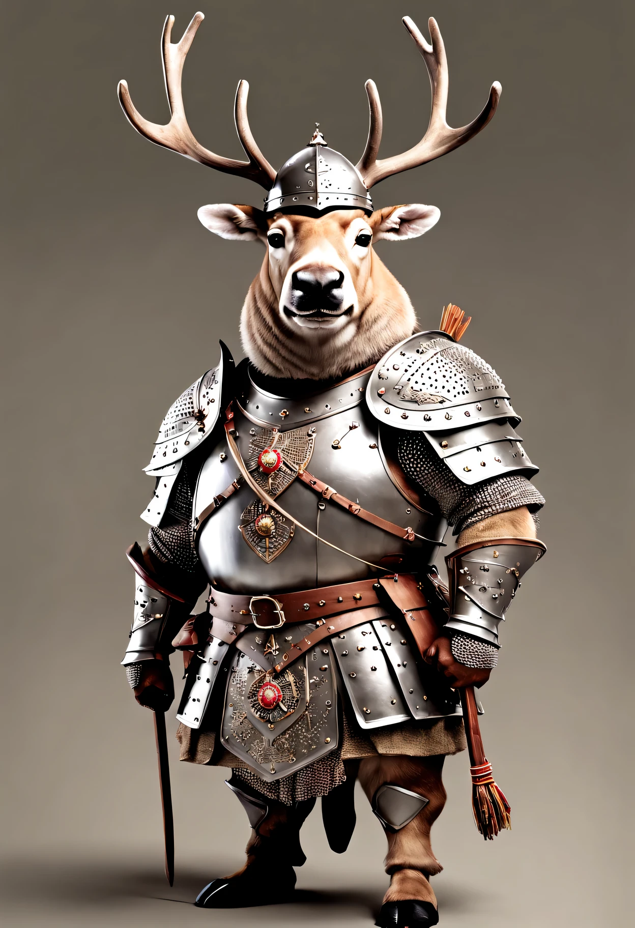 photorealistic portrait of Dressed animals - a ((fat)) reindeer warrior,(brave pose), high quality,(lovely) ,intricate details, highly detailed ((medieval armor and helmet)) ,,highly detailed decorations, , (brave), studio lighting,(full body image:1.5)