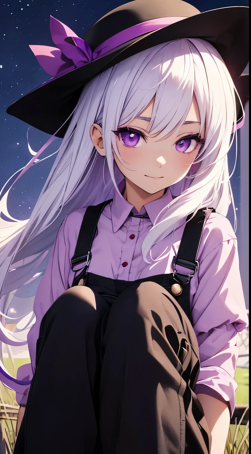 Anime Girl with White Hair, Purple Eyes, Wearing a Straw Hat with a Magenta Ribbon, Purple Shirt, Black Overalls with Long Black Pants and Black Shoes, Happy Expression, Farm Background, Night Sky, Midnight Atmosphere, Chill, Peaceful, Close-up Portrait