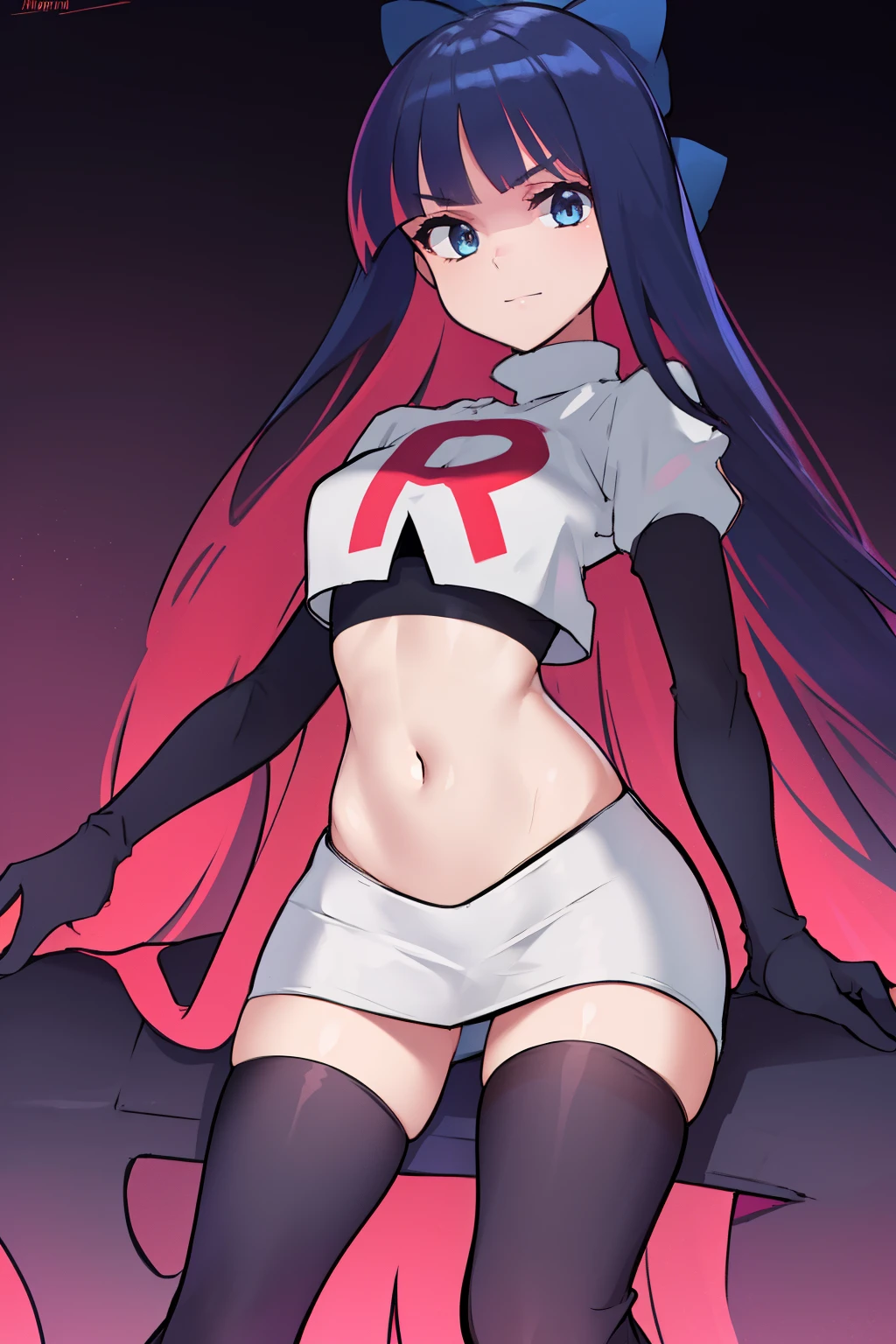 ((extreme detail)),(ultra-detailed),(painting), chiaroscuro, extremely detailed CG unity 8k wallpaper, best quality, anarchy stocking, hair bow, black adjusting hair, simple background, team rocket,team rocket uniform,white skirt,red letter R,crop top,black thigh-highs,black elbow gloves