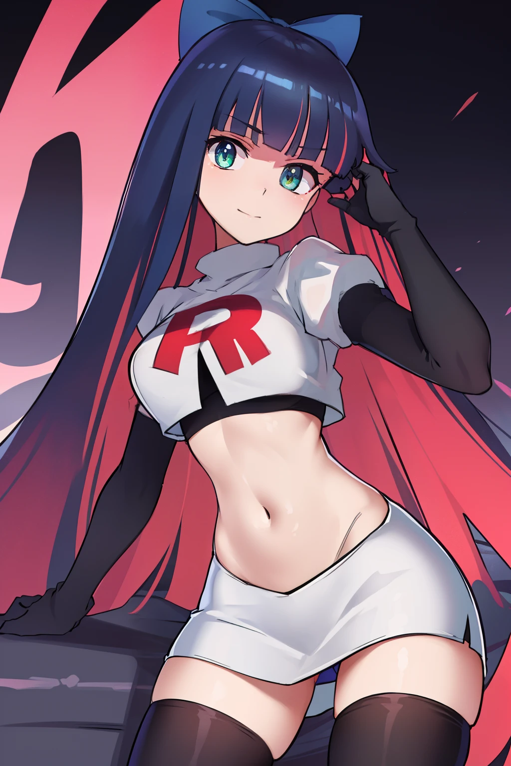 ((extreme detail)),(ultra-detailed),(painting), chiaroscuro, extremely detailed CG unity 8k wallpaper, best quality, anarchy stocking, hair bow, black adjusting hair, simple background, team rocket,team rocket uniform,white skirt,red letter R,crop top,black thigh-highs,black elbow gloves