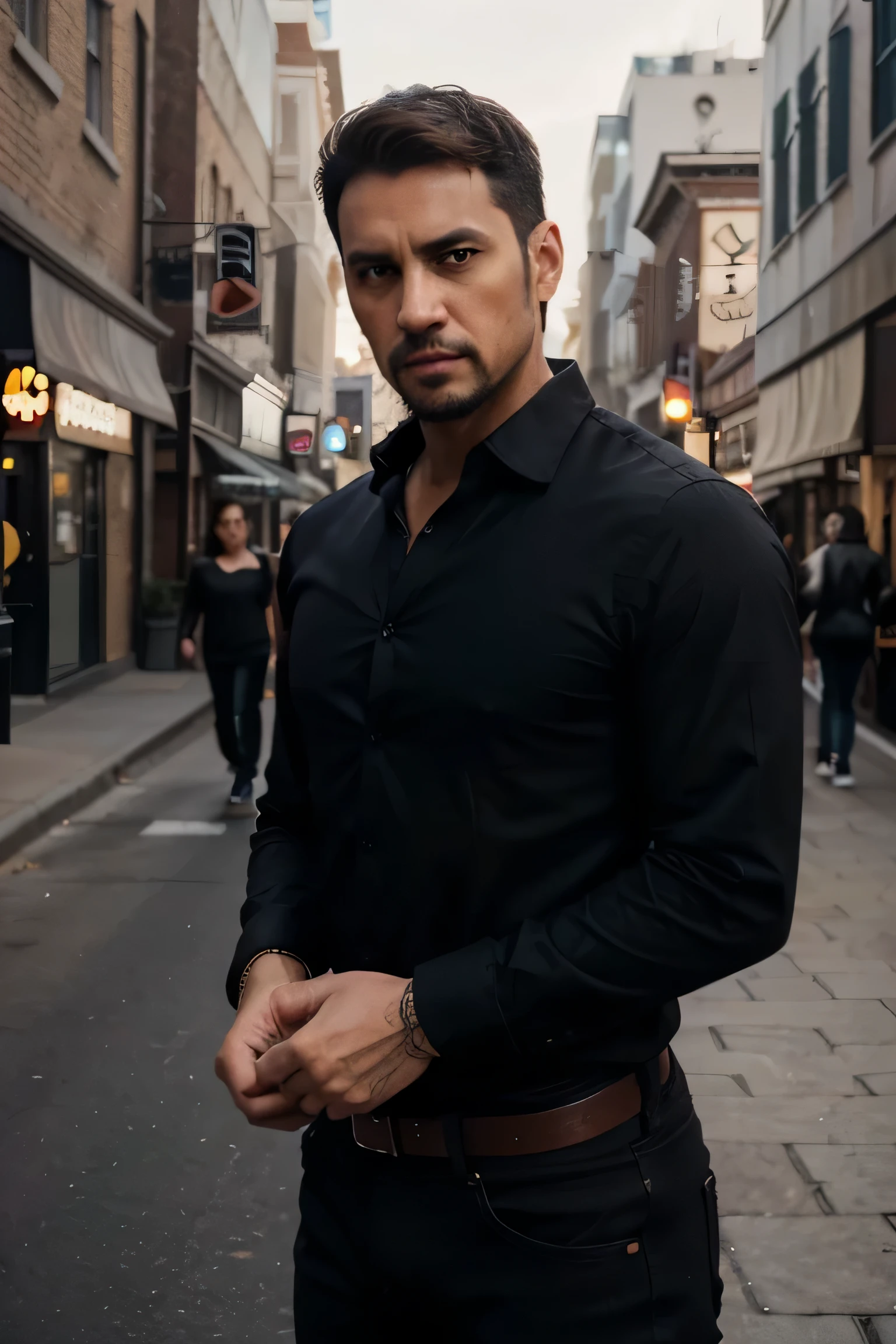 35-year-old man, cuerpo completo, delgado, sin tatuajes, Altura 1.69cm, cabello corto, By the chestnut, corte de piel latino, Perilla, Mirada atractiva y seria., viste camisa negra de manga larga, zapatos negros, vaqueros, en una calle de la ciudad, movie style, Ultra-detailed photography, (caras hermosas detalladas, Detalle de la textura de la piel) cuerpo hiperdetallado