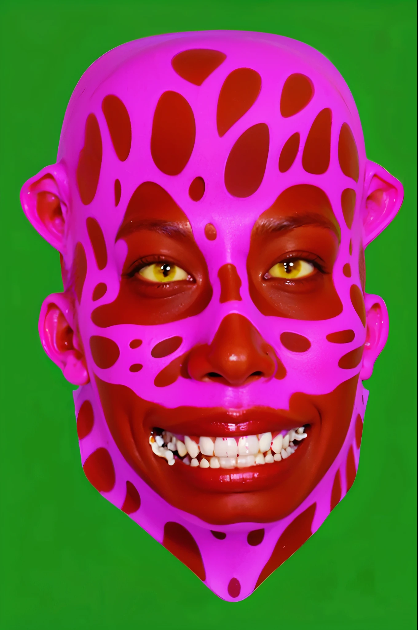 The image features a floating head and face of a distorted bald man with no ears, eyebrows and body in photorealistic or hyperrealistic 3D art style, he has on his face a ripped flesh around the eyes, a cut off nose and two scars that form a glasgow smile cut and carved into his face on both corners of the mouth up to the ears with very sharp pointed canine teeth and fangs, a surface of yellow skin stretched with third-degree burns and disfigured under another layer of red skin underneath in an irregular shape with open holes like sores, and he is looking and posing for the camera laughing on a green screen chroma key background.