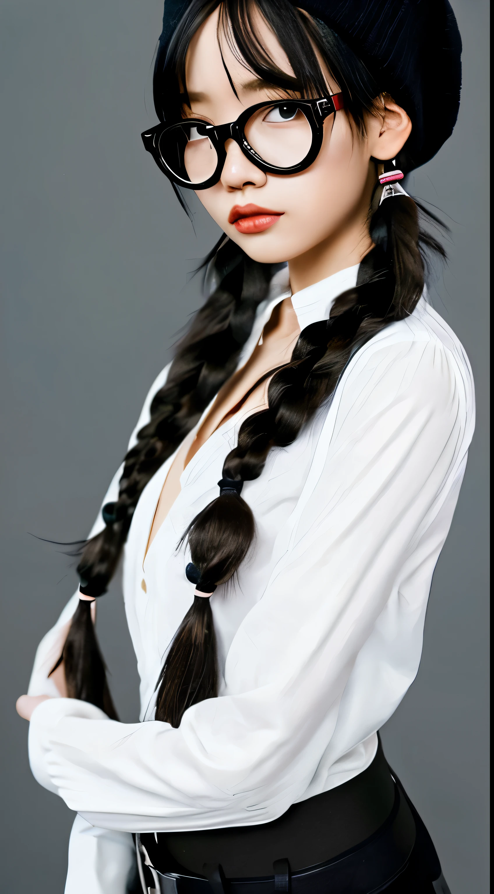 masterpiece, high quality cg, anime, illustration, best quality, 1girl, bound, , beautiful face, detailed face, cowboy shot, dokkaebi, 1girl, solo, looking at viewer,  black hair, braid, glasses, black gloves, belt, pants, black eyes, twin braids, streaked hair, black headwear, bodysuit, black pants, round eyewear, black bodysuit, beanie, hair behind ear, 