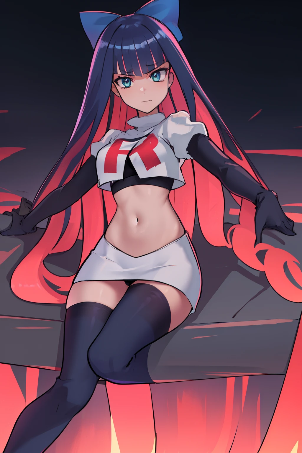 ((extreme detail)),(ultra-detailed),(painting), chiaroscuro, extremely detailed CG unity 8k wallpaper, best quality, anarchy stocking, hair bow, black adjusting hair, simple background, team rocket,team rocket uniform,white skirt,red letter R,crop top,black thigh-highs,black elbow gloves