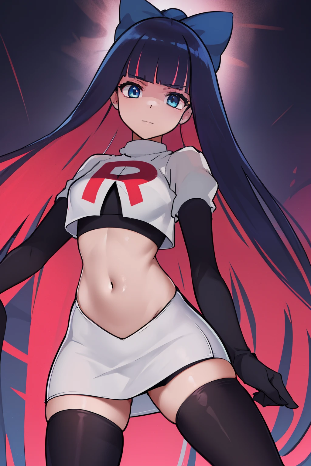 ((extreme detail)),(ultra-detailed),(painting), chiaroscuro, extremely detailed CG unity 8k wallpaper, best quality, anarchy stocking, hair bow, black adjusting hair, simple background, team rocket,team rocket uniform,white skirt,red letter R,crop top,black thigh-highs,black elbow gloves