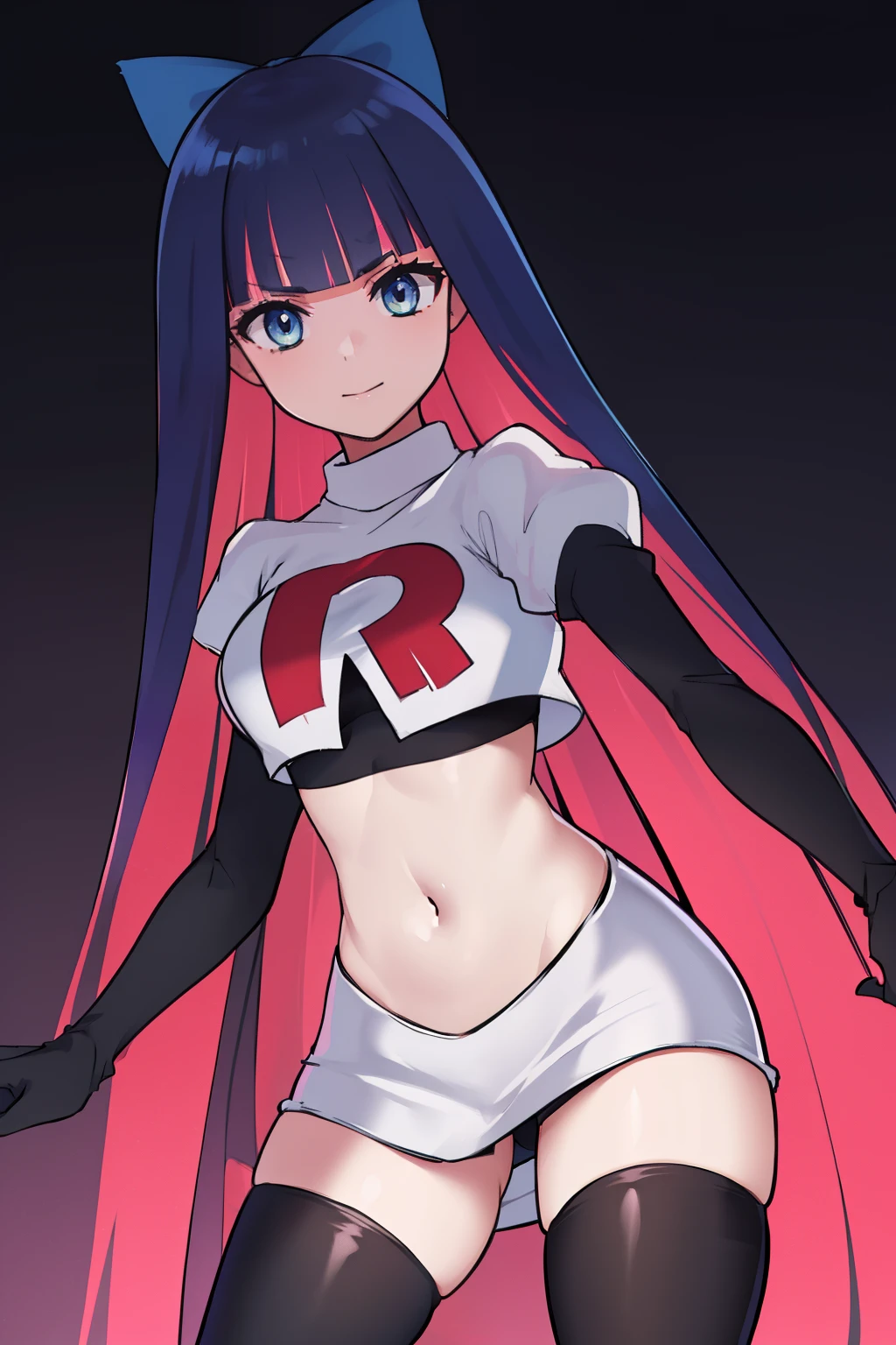 ((extreme detail)),(ultra-detailed),(painting), chiaroscuro, extremely detailed CG unity 8k wallpaper, best quality, anarchy stocking, hair bow, black adjusting hair, simple background, team rocket,team rocket uniform,white skirt,red letter R,crop top,black thigh-highs,black elbow gloves