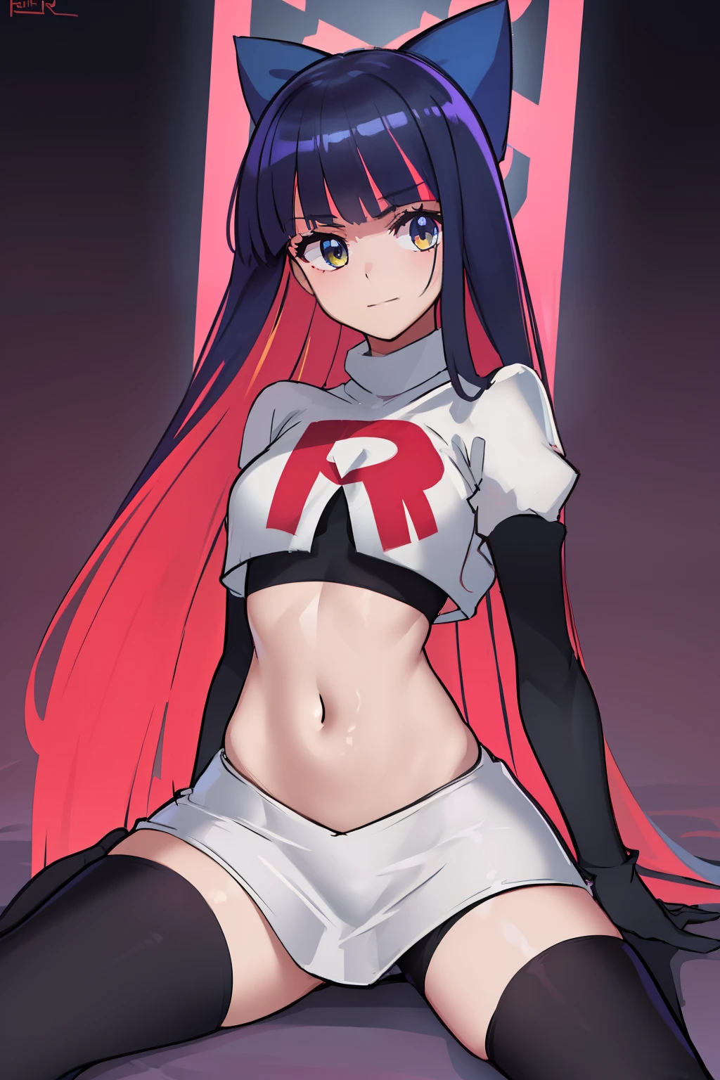 ((extreme detail)),(ultra-detailed),(painting), chiaroscuro, extremely detailed CG unity 8k wallpaper, best quality, anarchy stocking, hair bow, black adjusting hair, simple background, team rocket,team rocket uniform,white skirt,red letter R,crop top,black thigh-highs,black elbow gloves