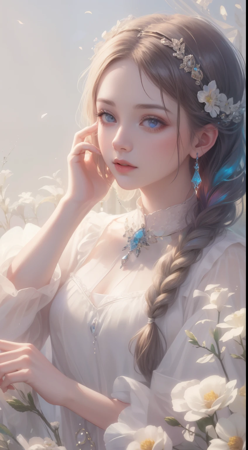 (best quality,masterpiece:1.2),18-year-old noble girl's beautiful portrait,classic braided hair,bright and clear eyes,flower arrangement craft,crystal jewelry,ultra-fine details,soft lighting,portrait style,vibrant colors