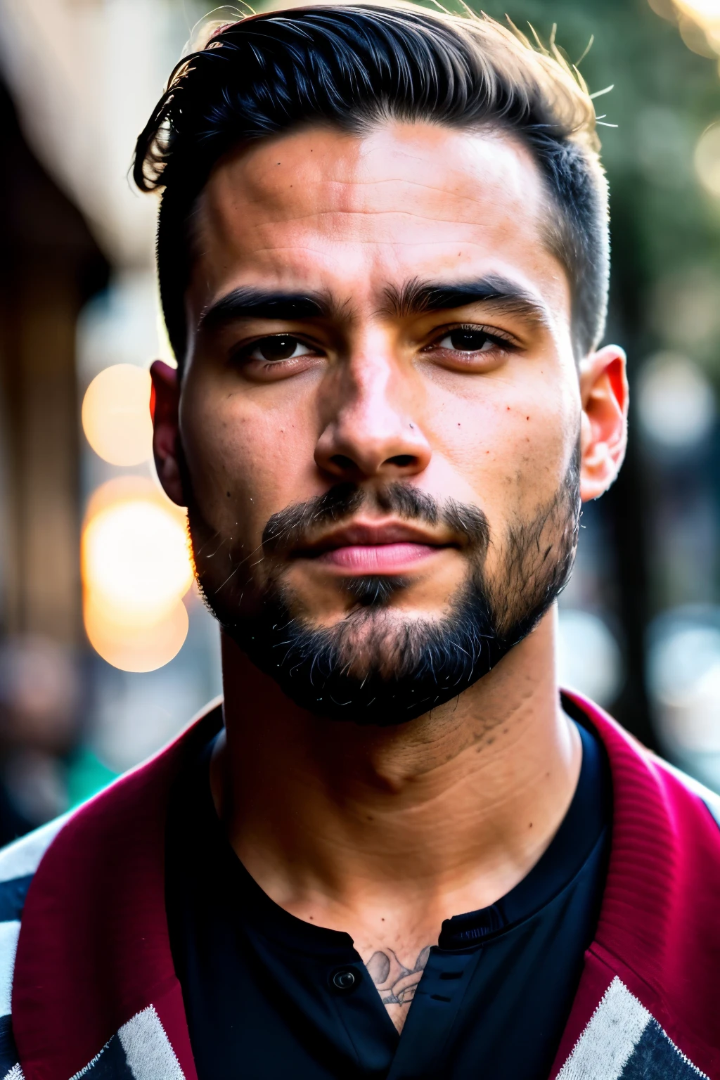 Homem americano moderno, rosto bonito, homem jovem, tom de pele americano, typical male characteristics of an american:1.4), (Very sharp photo:1.1), (8k, Cru photo, melhor qualidade:1.3), (realista, photo-realista, roupas modestas:1.1), Homem com semblante desafiador, inspirador, sentado em bar em uma esquina de Paris, tomando uma cerveja. Portait de um (beautiful typical homem americano moderno outdoors:1.5), analog style (olhe para o visualizador:1.2) (textura da pele) (Film grain:1.3), (tom quente, tom quente:1.2), fechar-se, cinematic light, side lighting, ultra high resolution, melhor sombra, Cru, tronco, wearing pullover, Microgeometria, elasticidade da pele, scattering of light through hair, ambient occlusion, sombreamento de pele multicamadas, facial muscle simulation, iris and pupil rendering, Advanced color sorting