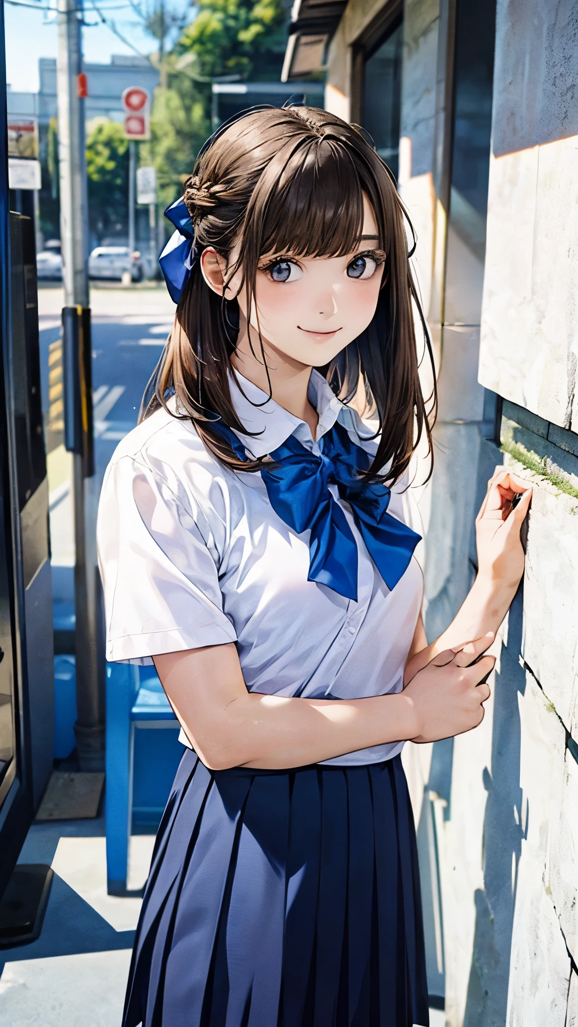(masterpiece:1.2, top-quality), (realistic, photorealistic:1.4), beautiful illustration, (natural side lighting, movie lighting),
looking at viewer, 1 girl, japanese, junior high school girl, , perfect face, cute and symmetrical face, shiny skin, slender,
(middle hair:1.2, half updo:1.4, light brown hair), asymmetrical bangs, brown eyes, long eye lasher, (medium breasts:0.7),
beautiful hair, beautiful face, beautiful detailed eyes, beautiful clavicle, beautiful body, beautiful chests, beautiful thigh, beautiful legs, beautiful fingers,
((detailed cloth texture, short sleeve white collared shirt, blue pleated mini skirt, blue bow tai)),
(beautiful scenery), evening, (outdoors), standing, (cute, lovely smile, upper eyes),