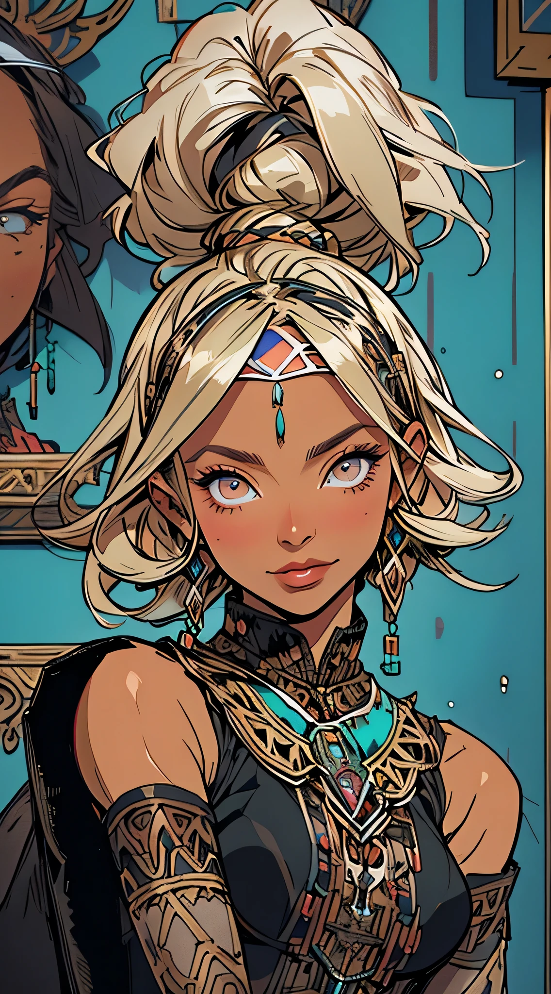 ((((blonde hair:1.35,messy hair,colored inner hair,absurdly long unkempt hair,dark hair,black hair,very long hair,voluminous hair,Thick hair,Dense hair,long hair)))),(((turquoise_eyes:1.3))), Lucia, masterpiece, anime screencap, 1 girl, solo, woman, mature, short hair, blonde hair, headband. dark skin, native american costume, leggings, black brown costume, bare arms, wristbands, teasing smile, follow me gesture, cowboy shot, outdoors, medieval town, ((((furry edge clothing)))),(arabian jewelry,intricate necklace),(((intricate outfit,intricate clothes,embroidered outfit,ornate outfit))), (dynamic pose:1.0),embarrassed,(centered,scale to fit dimensions,Rule of thirds), inside,indoor,((room in a palace in Arabia)),scenery:1.25,((intricate scenery)),((winter decorations)),Christmas tree, (Glossy winter ornaments),highres,sharp focus,(ultra detailed,extremely detailed),(photorealistic artwork:1.37),(extremely detailed CG unity 8k wallpaper),(((vibrant colors,vibrant theme))),(intricate),(masterpiece),(best quality), ,intricate eyes,beautiful detailed eyes,symmetrical eyes,big eyes:1.5,(((lustrous skin:1.5,bright skin: 1.5,skin tanned,shiny skin,very shiny skin,shiny body,plastic glitter skin,exaggerated shiny skin,illuminated skin))),(detailed body,(detailed face)), cute,slutty,erotic,daring,(nsfw),