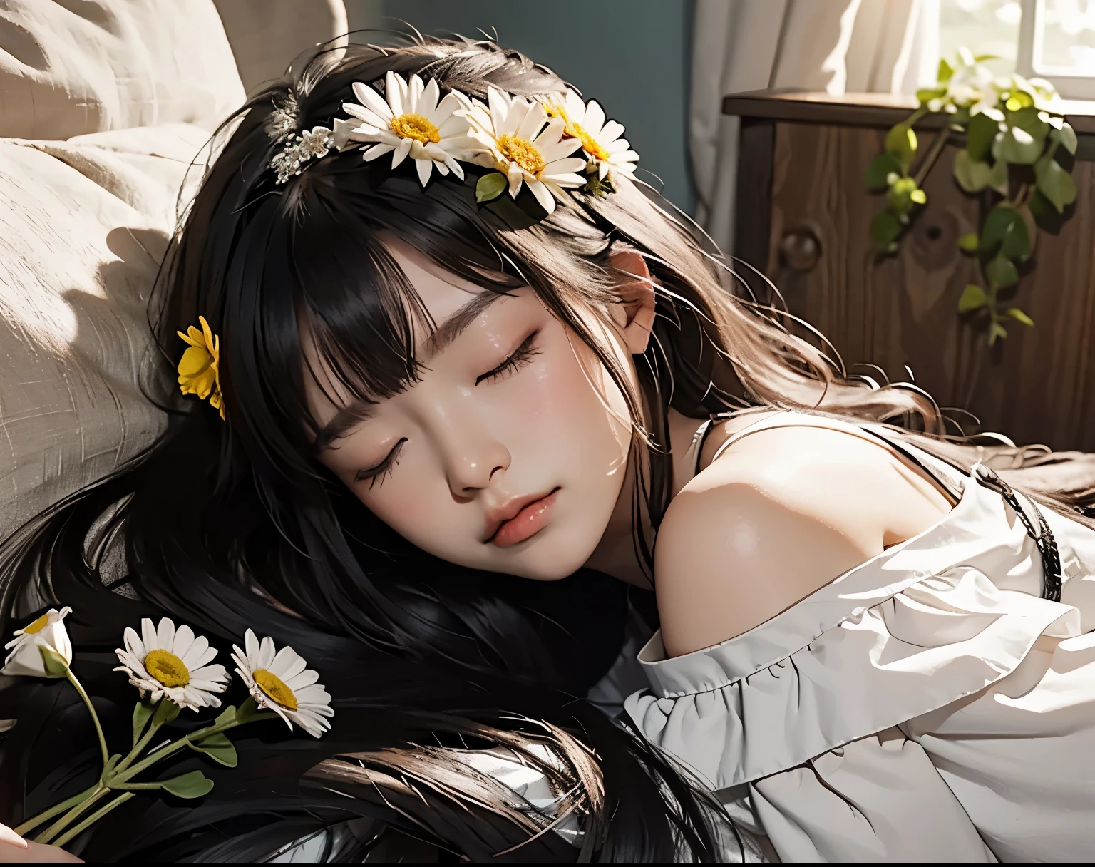 Sleeping, closed eyes, long hair, hair bang, off shoulder simple dress, between daisy flower