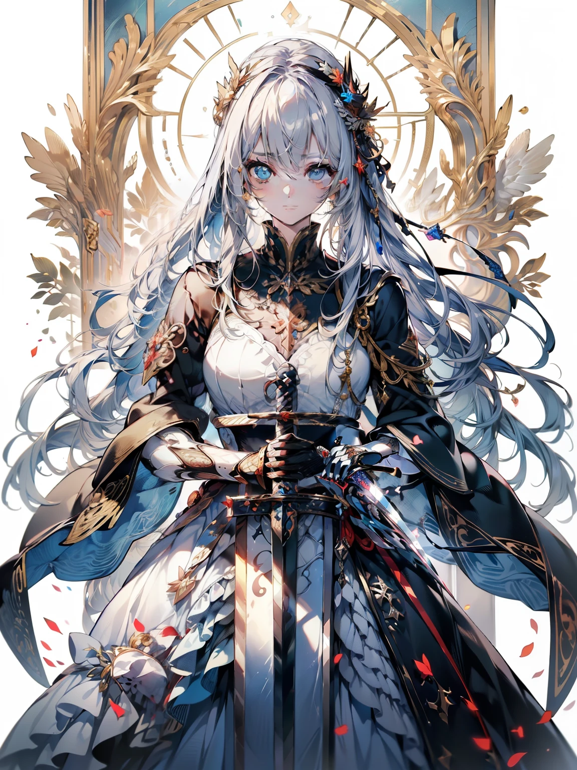 official art, ヨーロッパのmasterpiece女性,, light silver hair , deep blue eyes, (masterpiece、highest quality、High resolution: 1.4),In 8K, anime art nouveau, Highly detailed exquisite fan art, anime fantasy illustration, clean detailed anime art, detailed anime art, sharp focus of a person, delicate Beautiful Hair and Eyes and Face, realistic, super detailed, flower garden,((delicate, delicateで可愛い手)),((elegant shiny dress)),((Lots of races)),((lots of frills)),((lots of ribbons)),(((((offer a great sword with both hands)))))