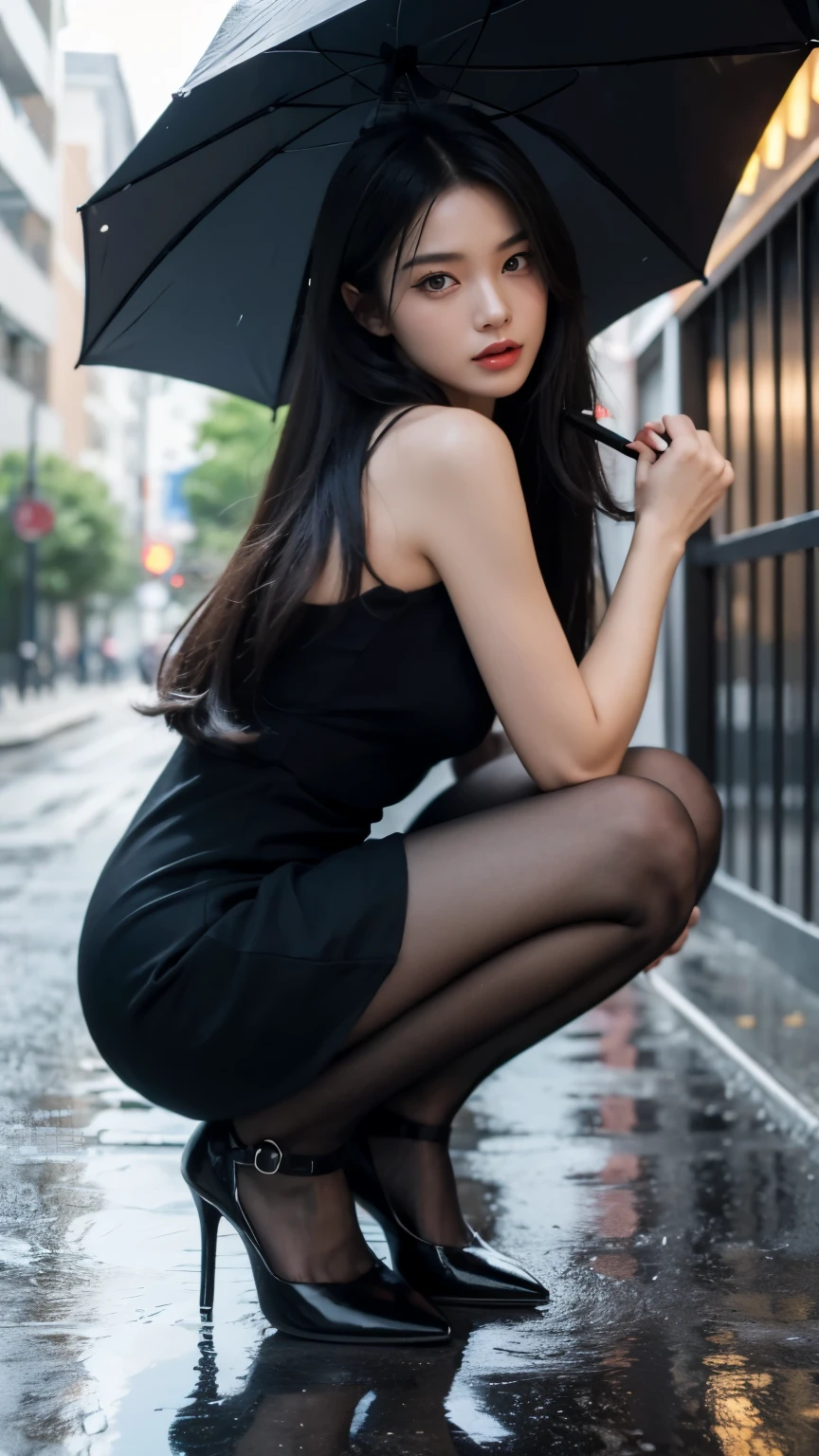 (best quality,highres,masterpiece:1.2),ray tracing,rainy day,street,girl in a black dress,holding a large black umbrella,fit body,long legs,high heels,black cat ears on her head,black hair,crouching,movie-like feeling,dark color tone,red eyes,astonishing details，黑色的毛茸茸的猫耳朵