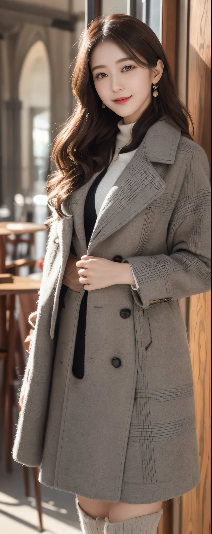 (8k, RAW photos, top quality, masterpiece: 1.2, ultra detailed, super resolution, real photos: 1.37), (Full body photo), 1 noble elegant Japanese lady, (standing contrapposte), winter season, ((black color coodinate, wearing over-size nouton coat, winter fluffy scarf, grey long skirt, legging, wearing long boots)), Shiny, Smile, Looks like 1.8 meters tall, large pelvis, Large breasts, big cuvy hips, Thin waist, Long legs, skin hyper-detail, 20 years old, Perfect face, (Detailed facial features), Wavy hair, Daylight, winter season, snazzy cafe,
