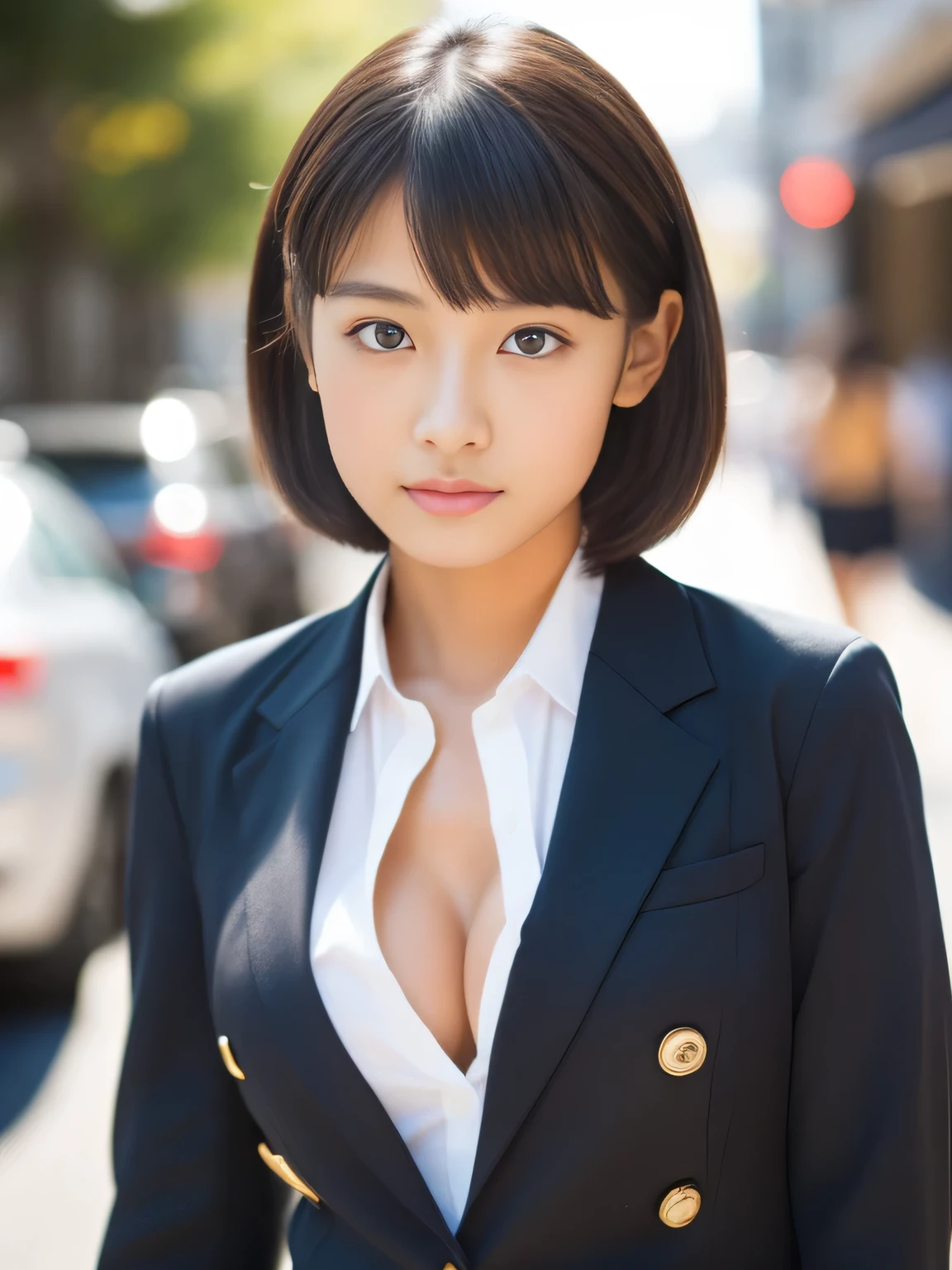 ((highest quality, 8K, masterpiece :1.3)), sharp focus :1.2, beautiful woman with perfect figure :1.4, thin abs :1.2, ((layered haircut, big breasts :1.2)), (Blazer over a very thin white button-up shirt :1.1), city street:1.2, Highly detailed face and skin texture, fine eyes, double eyelid、whole body、short hair、A cute -yeld wo who is half Thai and half Japanese.、sunburned skin
