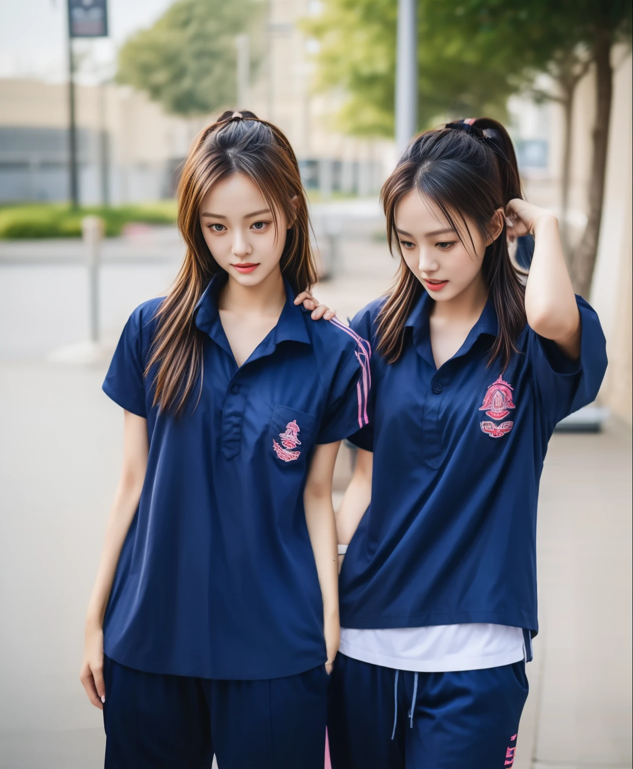 3 girls in fitness center, Navy blue short-sleeved shirt,Navy Long Trackpant,Sweatpants, Sweatpantsขายาว,25 year old girl, lesbian, sexy, exercise clothes, wet body, exercise clothes