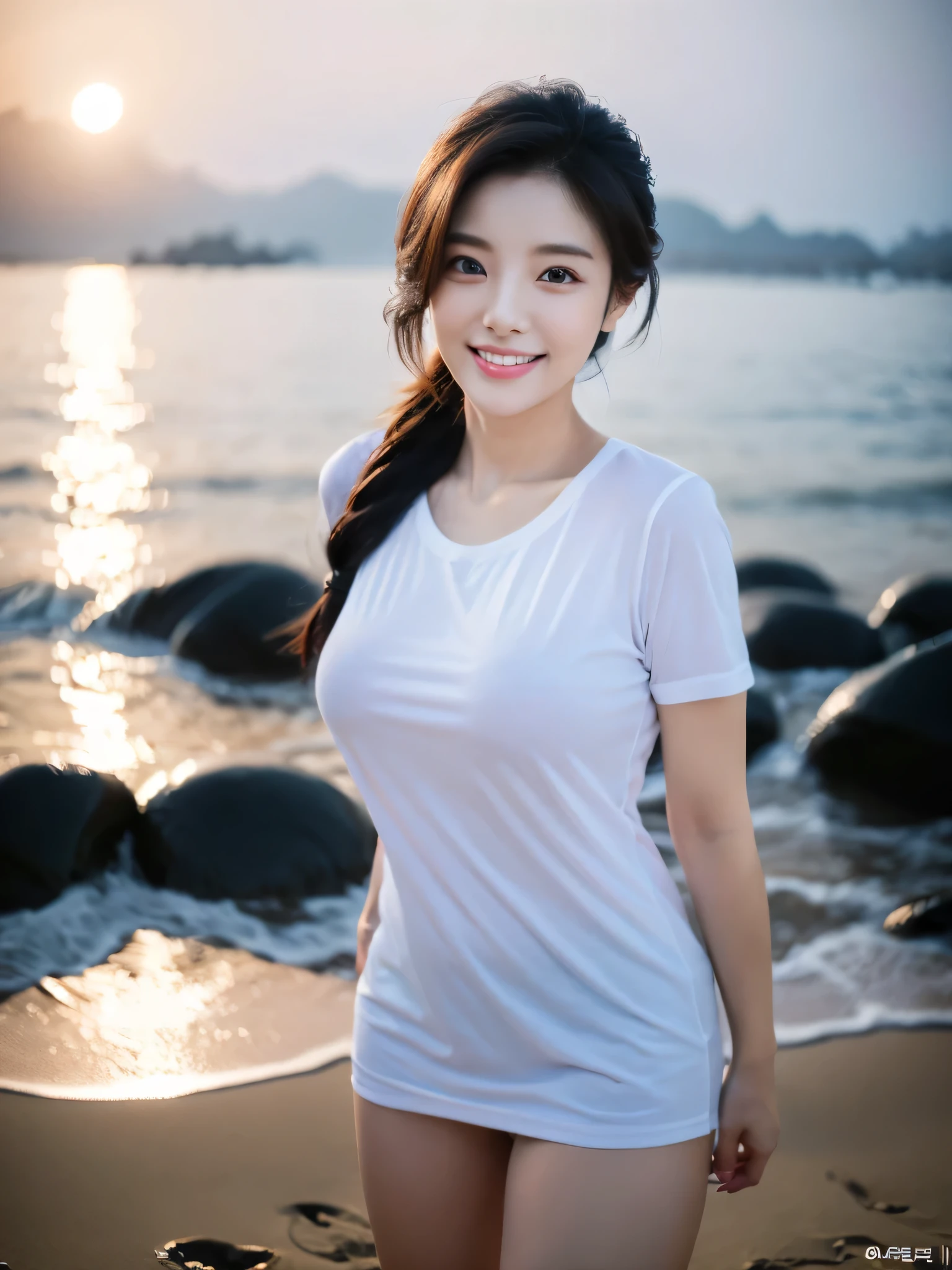 one woman、((highest quality、8K masterpiece:1.3))、sharp focus:1.2、(super beautiful face:1.0)、(shiny skin:1.0)、realistic pictures、black haired、video writing、High resolution eyes and face、video writing、(cute korean actress)、from the front、beautiful breasts、smile、The beauty of slender abs、whole body、wearing a t-shirt、On the beach at night