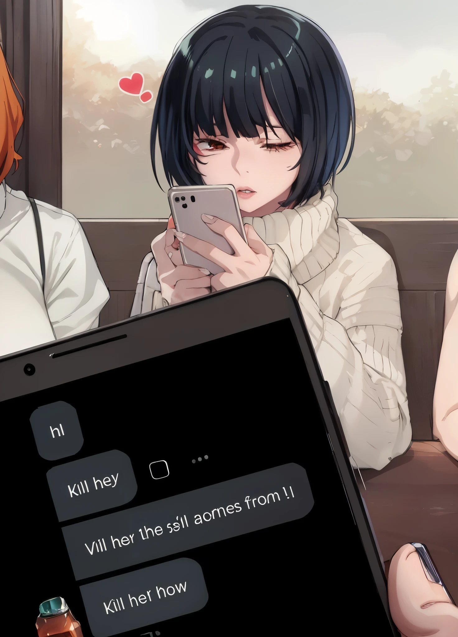 anime girl with orange hair and bangs texting on her cell phone, artwork in the style of guweiz, yandere, fine details. accurate depiction, checking her phone, she is holding a smartphone,glossy lips, makeup, candid moment photo, 2-point perspective