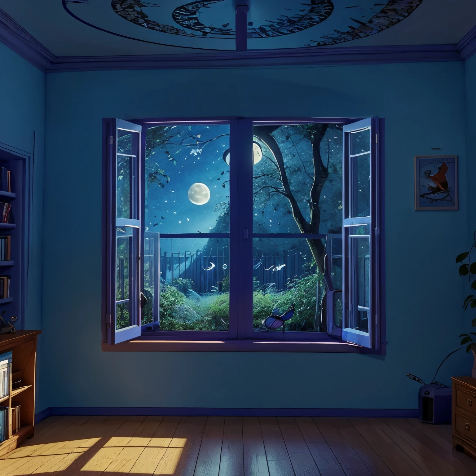cartoon, painting, illustration, night, blue, butterflys, wings, moon, room, sad, love, music(good quality:2) magical, butterfly room, window, heart, fiction