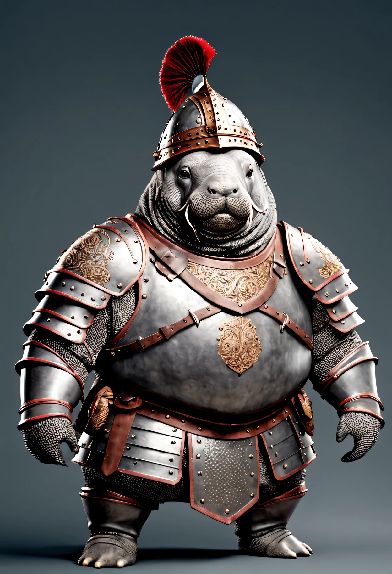 photorealistic portrait of Dressed animals - a ((fat)) manatee warrior,(brave pose), high quality,(lovely) ,intricate details, highly detailed ((medieval armor and helmet)) ,,highly detailed decorations, , (brave), studio lighting,(full body image:1.5)