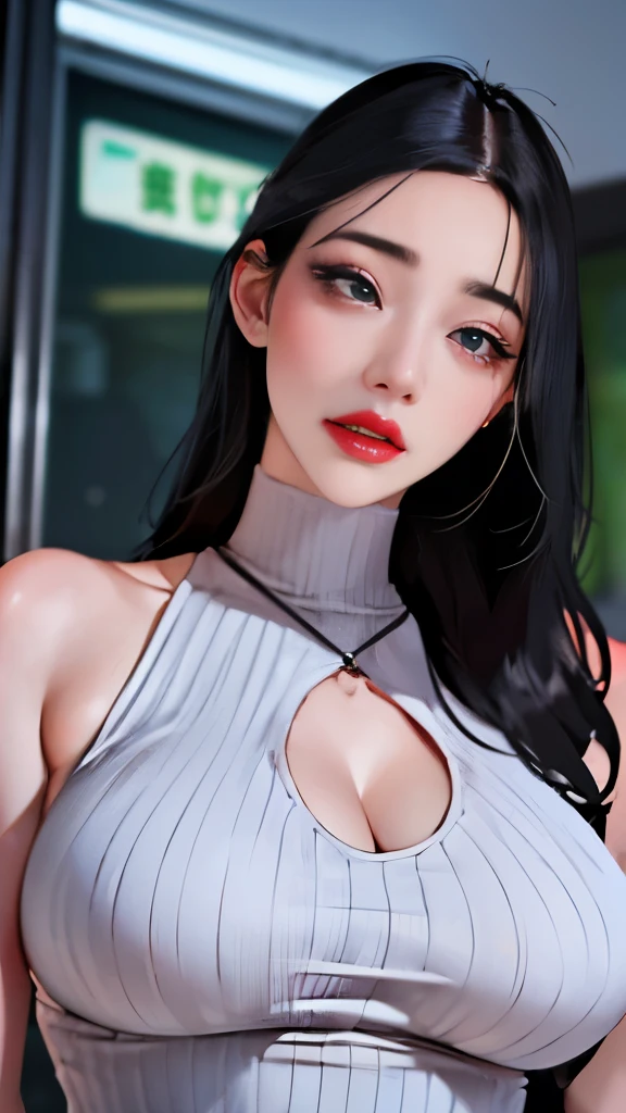 (masterpiece:1.3), (8K, realistic, RAW photo, highest quality: 1.4), ( Adult Girls), beautiful face, young and beautiful big breasts、big cleavage、(thin face), beautiful gray hairstyle, realistic eyes, beautiful and detailed eyes, (realistic skin), beautiful skin, break、(ribbed fabric sweater dress、big breast size), confused, charm, charm的な、ultra high resolution, 超realistic, very detailed, beautiful feet、charmな太もも、((full shot :1.8)) , Office lady、((Hang your employee ID card around your neck with a strap.))、Back streets at night、busy street、Shadow、break、Looks embarrassed、(Sweat, vapor)、((mask、thin drooping eyes、cold gaze、scornful face、Contemptuous face))、girl who wants to have sex、(maskを捲る仕草:1.5), break、Fluorescent pink glossy lips and lipstick、Fluorescent pink gloss slip、