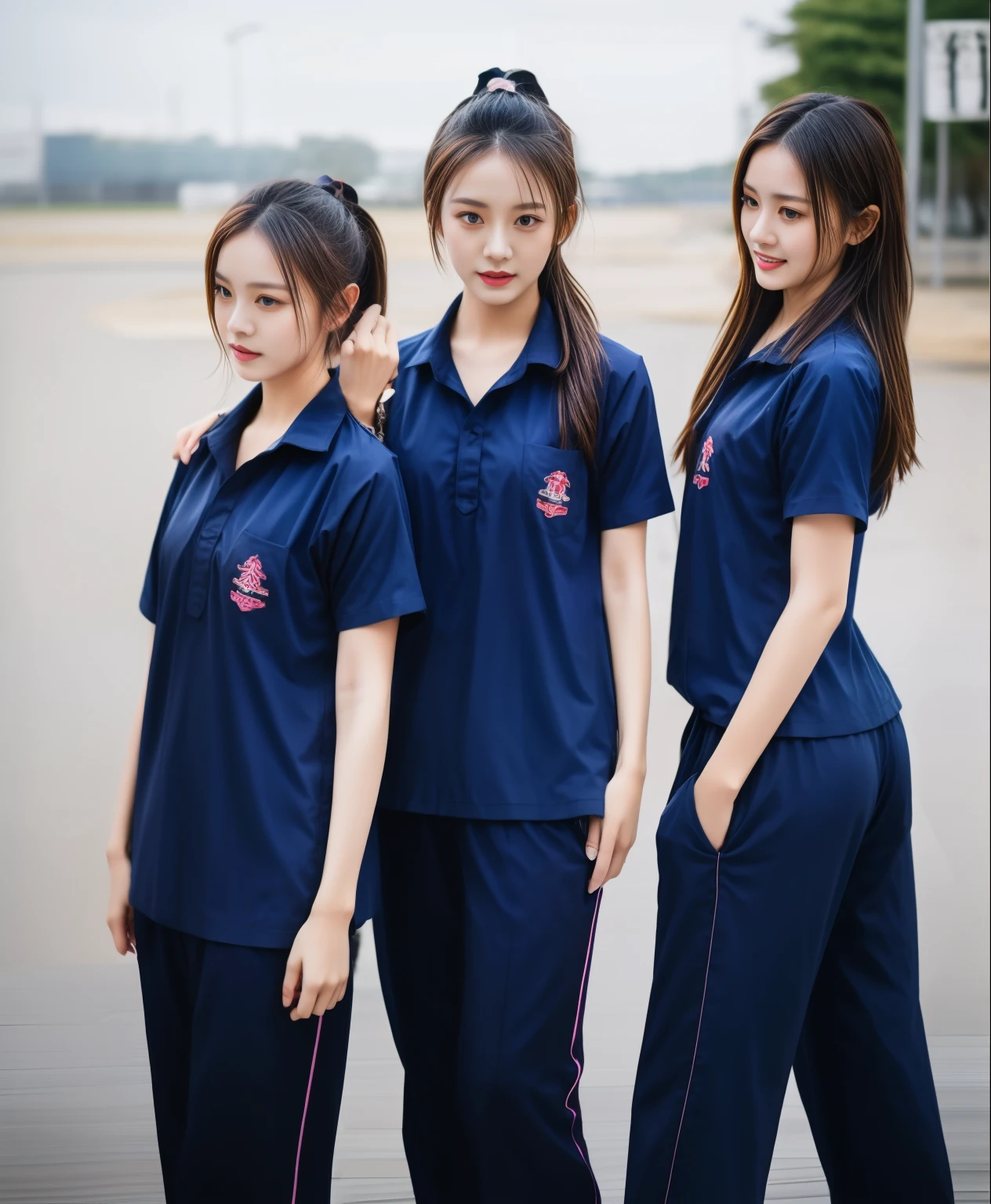 3 girls in fitness center, Navy blue short-sleeved shirt,Navy Long Trackpant,Sweatpants, Sweatpantsขายาว,25 year old girl, lesbian, sexy, exercise clothes, wet body, exercise clothes