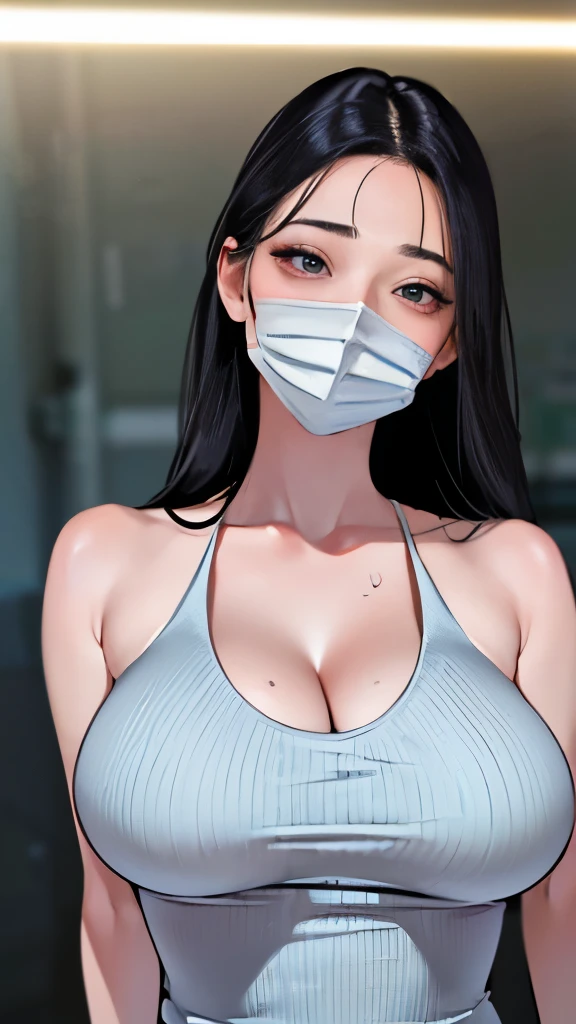 (masterpiece:1.3), (8K, realistic, RAW photo, highest quality: 1.4), (Young Adult Girls), beautiful face, young and beautiful big breasts、big cleavage、(thin face), beautiful gray hairstyle, realistic eyes, beautiful and detailed eyes, (realistic skin), beautiful skin, break、(ribbed fabric sweater dress、big breast size), confused, charm, charm的な、ultra high resolution, 超realistic, very detailed, beautiful feet、charmな太もも、((full shot :1.8)) , Office lady、((Attach your photo employee ID card to your chest))、Back streets at night、busy street、Shadow、break、Looks embarrassed、(Sweat, vapor)、((mask、thin drooping eyes、cold gaze、scornful face、Contemptuous face))、girl who wants to have sex、(maskを捲る仕草:1.5), break、Fluorescent pink glossy lips and lipstick、Fluorescent pink gloss slip、