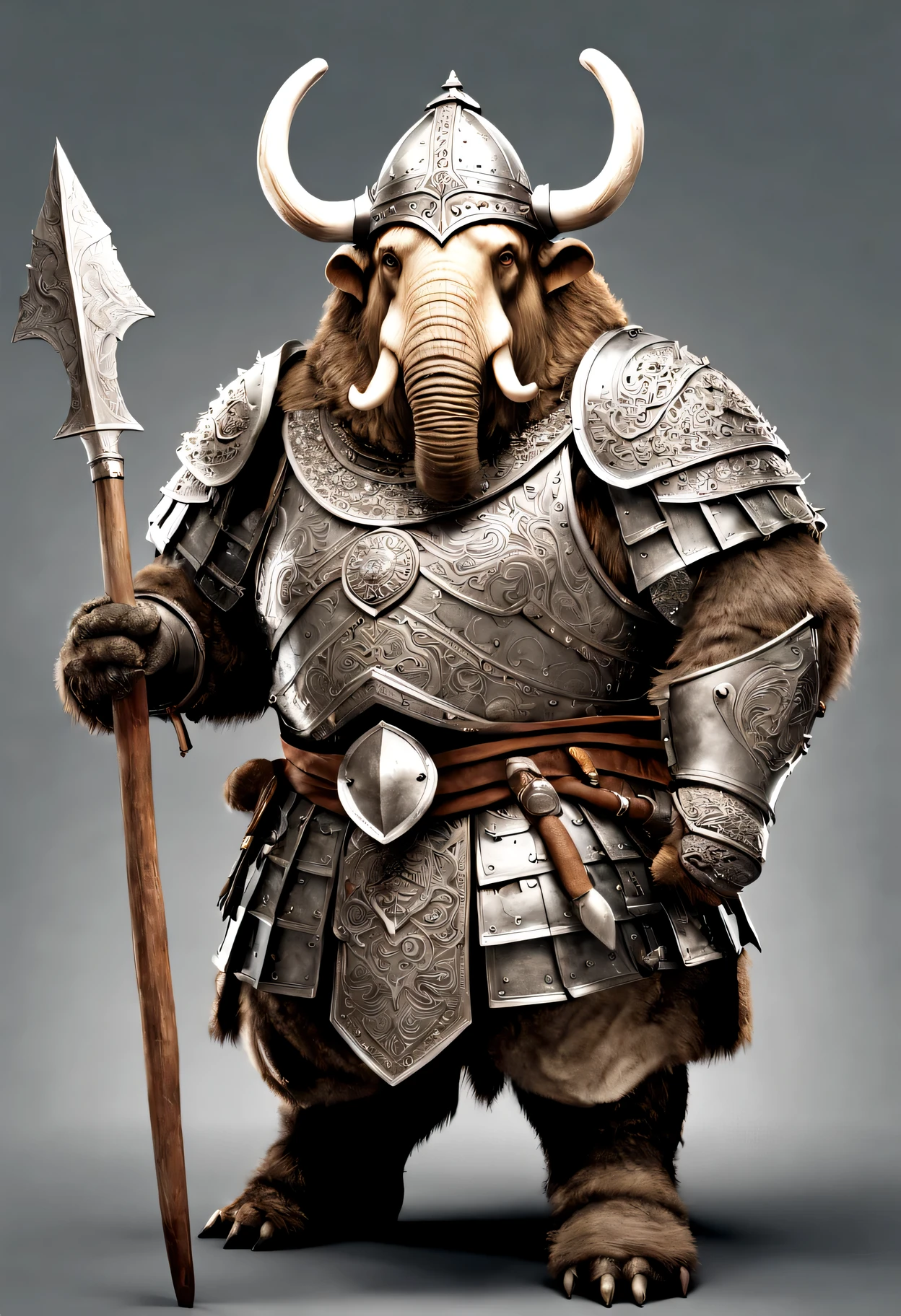 photorealistic portrait of Dressed animals - a ((fat)) mammoth warrior,(brave pose), high quality,(lovely) ,intricate details, highly detailed ((medieval armor and helmet)) ,,highly detailed decorations, , (brave), studio lighting,(full body image:1.5)