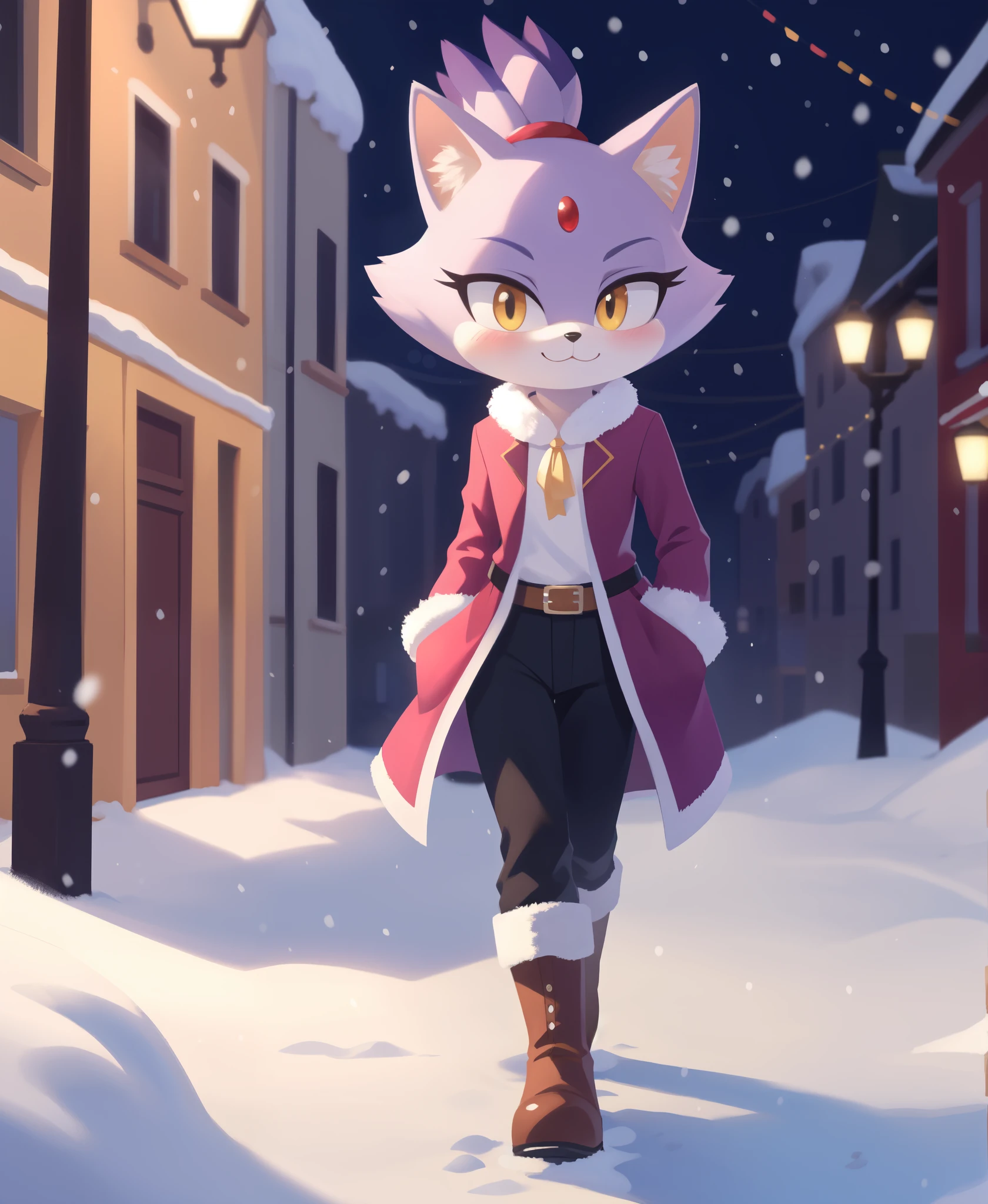 ((Masterpiece)), high quality, studio quality, vibrant colors, vibrant lighting, 4k, 1girl, Blaze the cat, yellow eyes, black jeans, boots, looking at viewer, hands in pockets, belt, :3, blush, fur-trimmed coat, city, snowing, snowflakes, walking