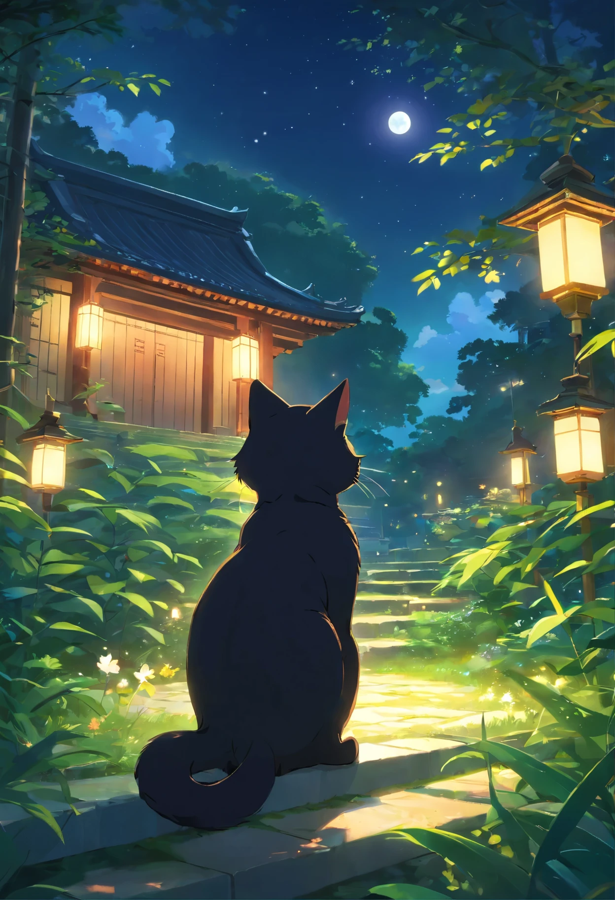In the middle of a enchanting temple garden、A glowing black cat and a glowing firefly dance to the gentle sound of the moon.., cute cat