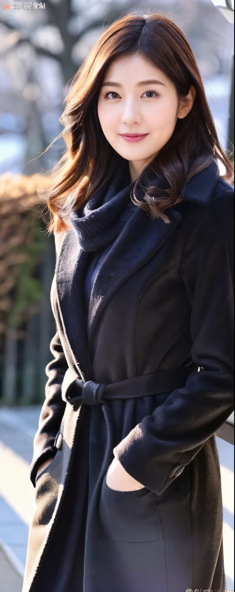 (8k, RAW photos, top quality, masterpiece: 1.2, ultra detailed, super resolution, real photos: 1.37), (Full body:1), 1 noble elegant Japanese lady, (standing contrapposte), winter season, ((black color coodinate, wearing over-size nouton coat, winter fluffy scarf, grey long skirt, legging, wearing long boots)), Shiny, Smile, Looks like 1.8 meters tall, large pelvis, Large breasts, big cuvy hips, Thin waist, Long legs, skin hyper-detail, 20 years old, Perfect face, (Detailed facial features), Wavy hair, Daylight, winter season, snazzy cafe,