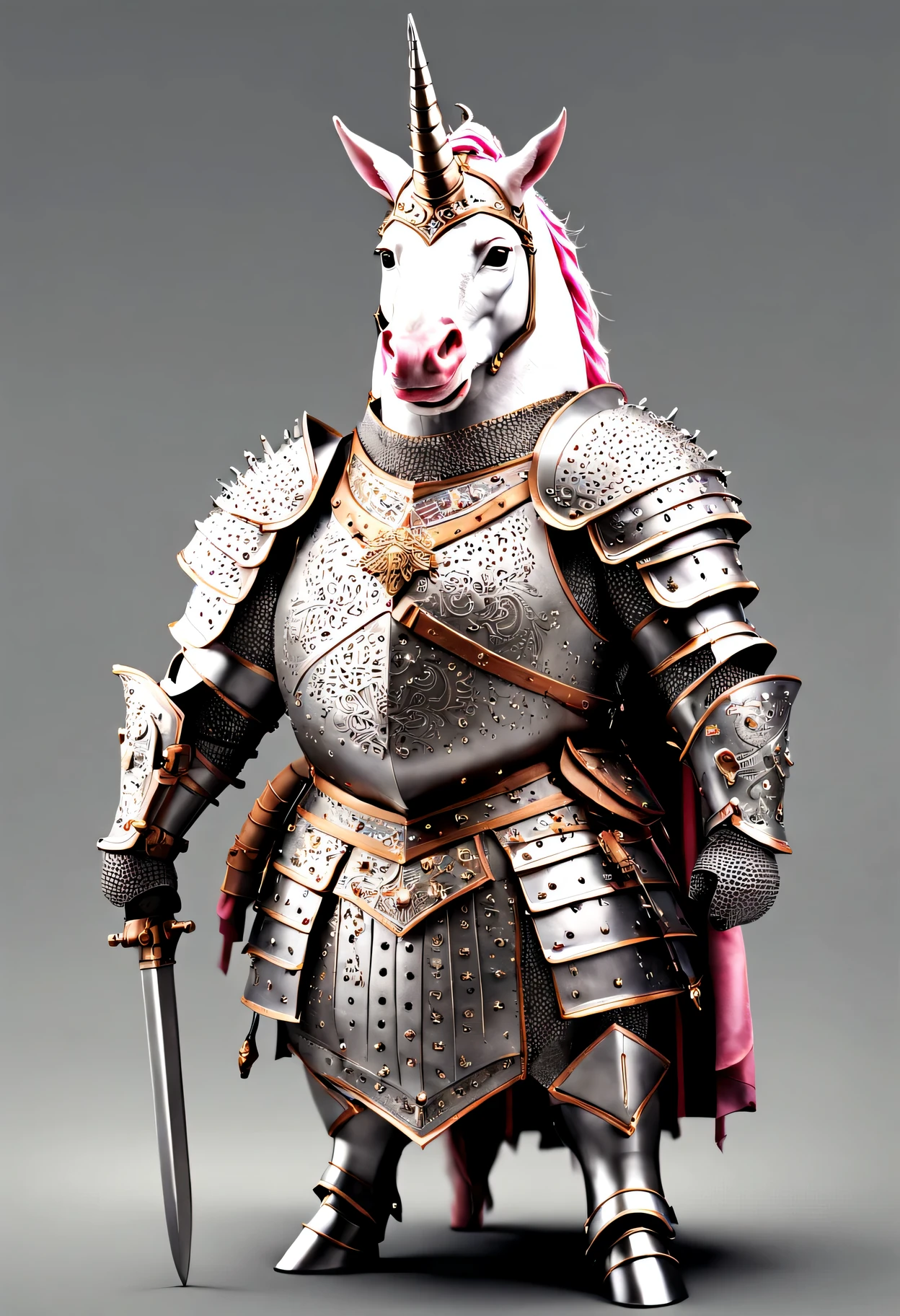 photorealistic portrait of Dressed animals - a ((fat)) unicorn warrior,(brave pose), high quality,(lovely) ,intricate details, highly detailed ((medieval armor and helmet)) ,,highly detailed decorations, , (brave), studio lighting,(full body image:1.5)