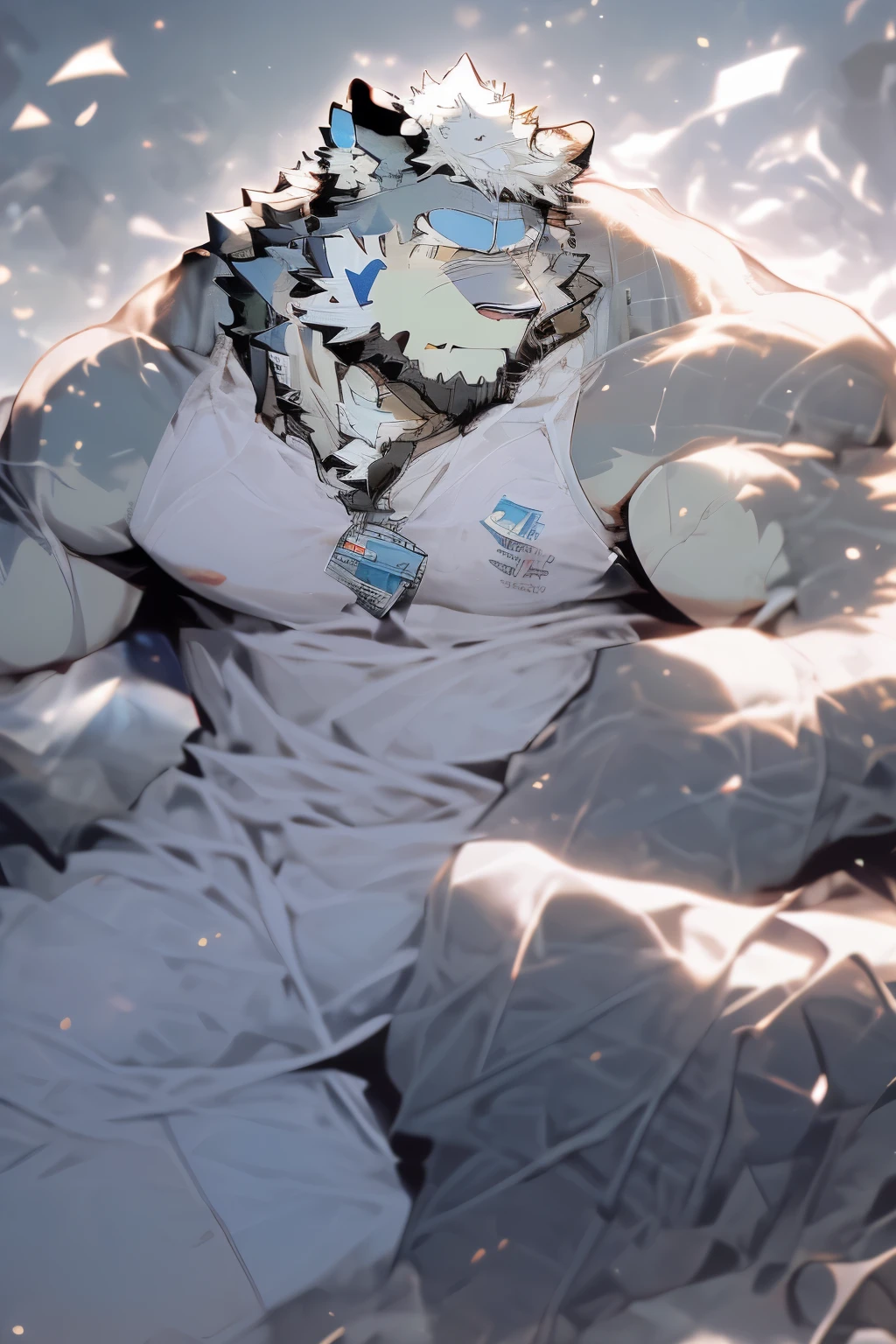 hairy，（Wolf，Black-rimmed glasses，Naked upper body，white sports shorts），beard，white fur，male，Common，detailed，lifelike