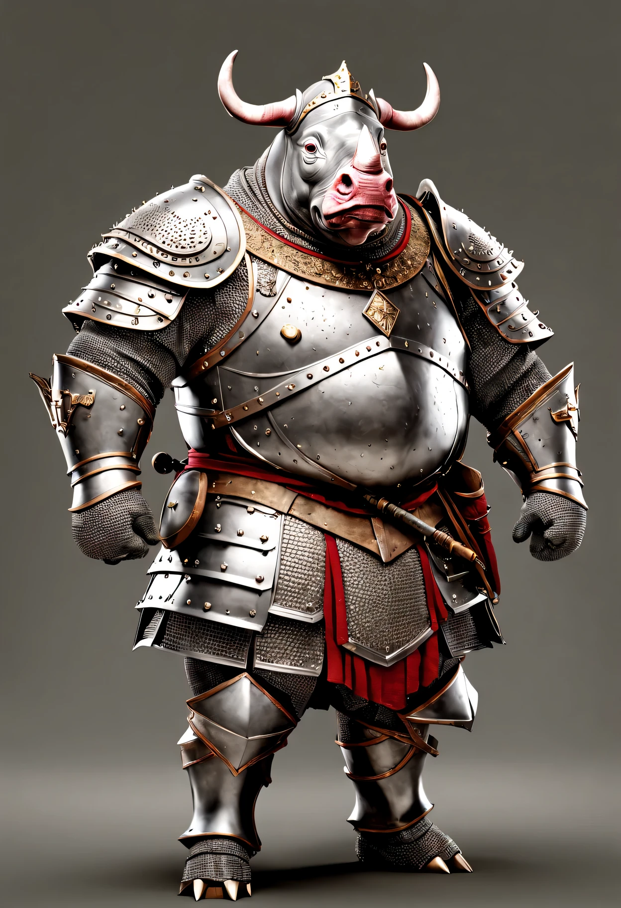 photorealistic portrait of Dressed animals - a ((fat)) rhino warrior,(brave pose), high quality,(lovely) ,intricate details, highly detailed ((medieval armor and helmet)) ,,highly detailed decorations, , (brave), studio lighting,(full body image:1.5)