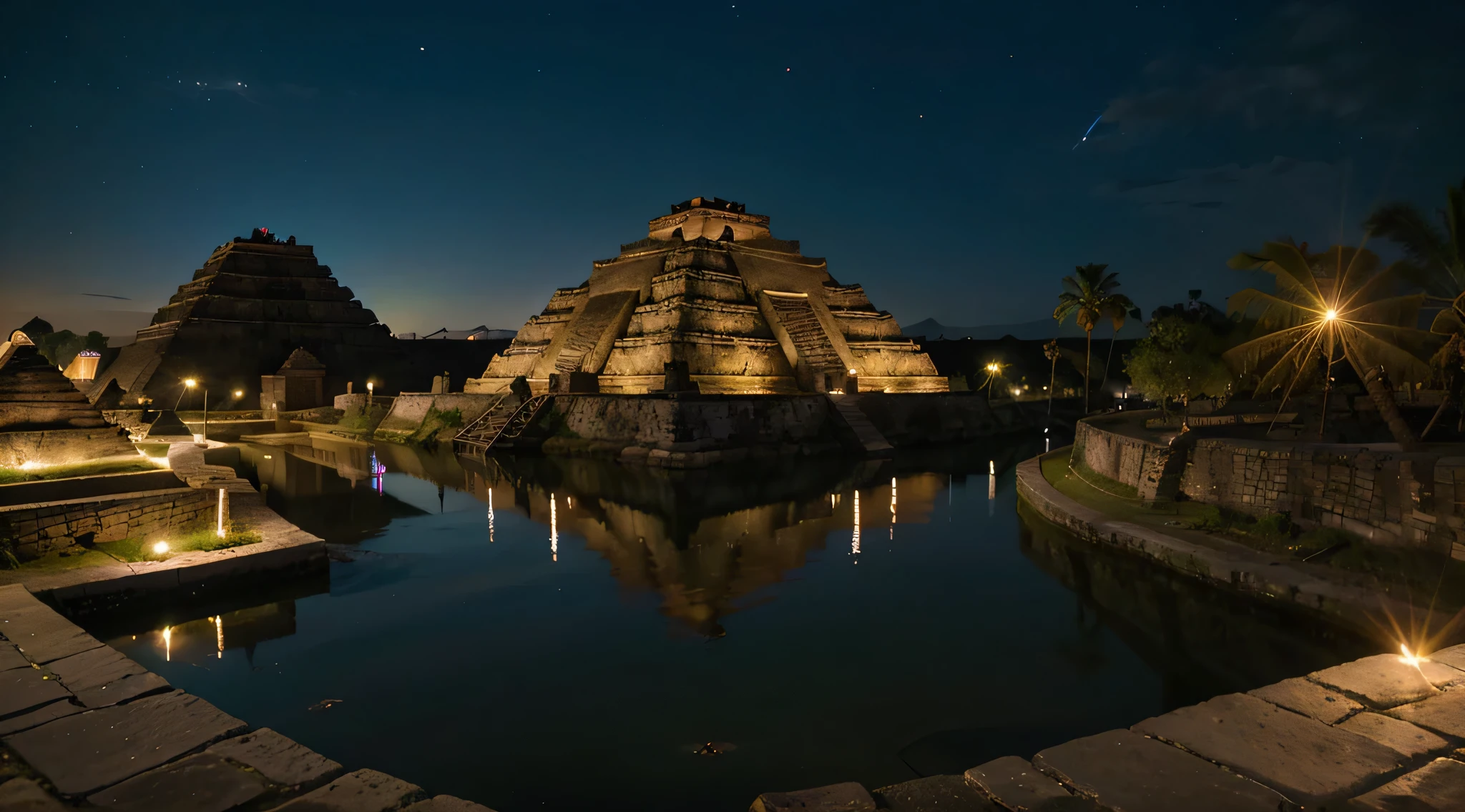 A night view of a canal passing through agricultural fields and Aztec pyramids., con casas habitaciones en forma piramidal, tanto redondas, triangular o exagonal, all built of volcanic rock and with great color, all taking place in pre-Columbian times and the Templo Mayor illuminated with torches