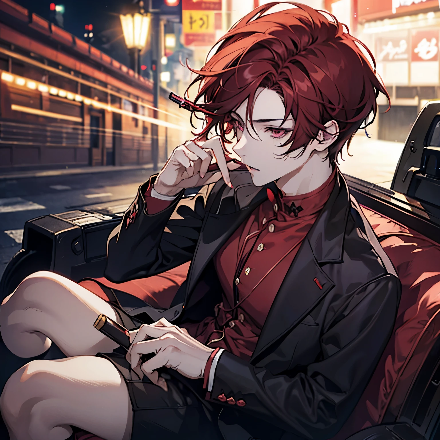 anime man, fluffy dark red hair, deep red hair, peach eyes, male prostitute, lean, on a street at night, sitting at a curb, aloof, serious, smoking cigarettes