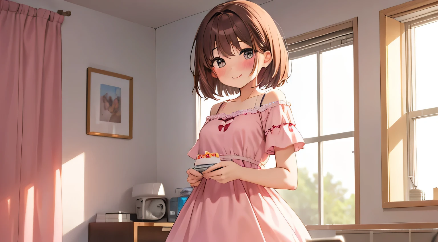 girl, high school student,alOne, One'Home, indoors, pink dress, ooking at Viewer, (cowboy shot:1.5), I have a round cake, blush,Standing facing the front,brown hair,short hair, smile, blush, blurred background, curtain,Backlight
