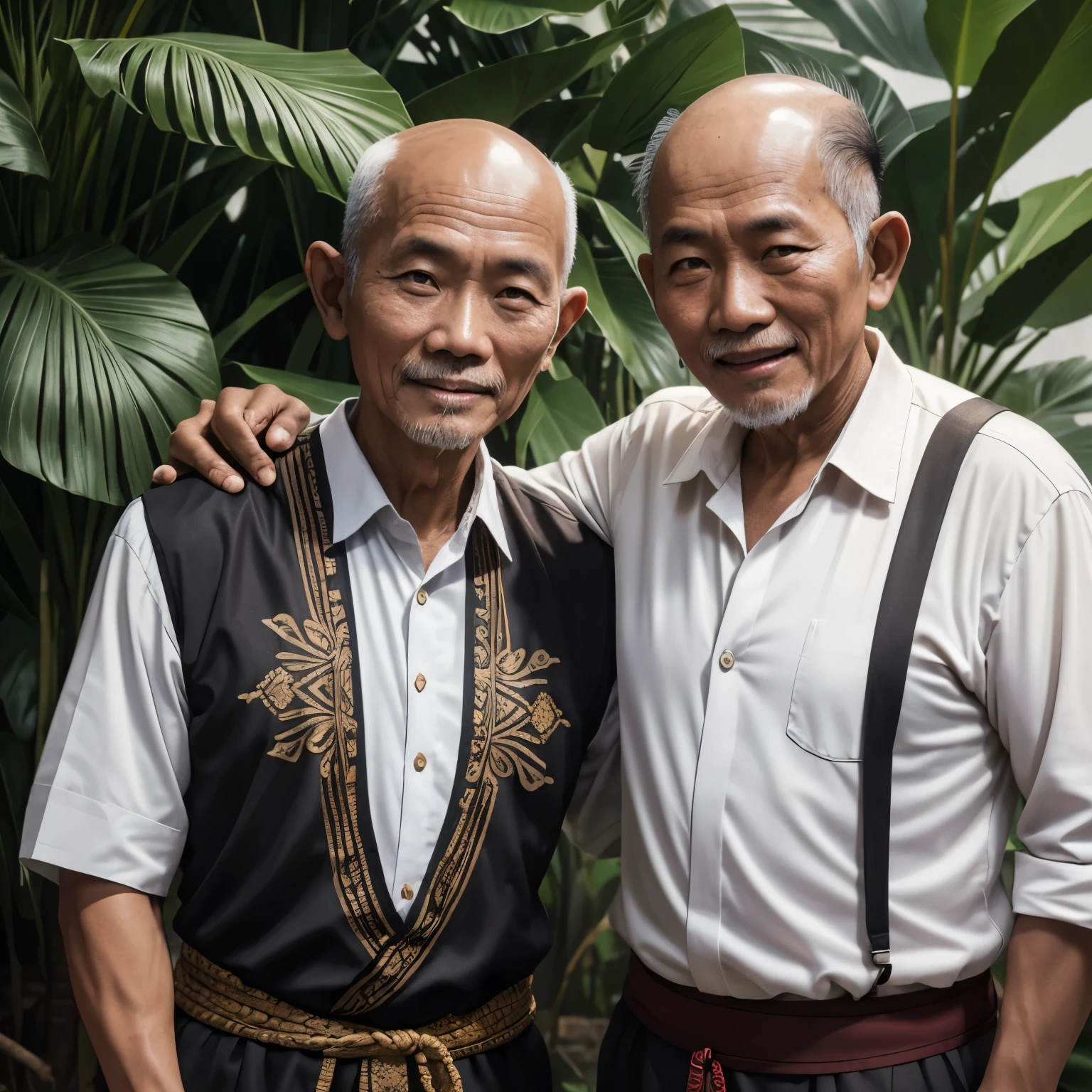 an Indonesian man aged 30 years, short black hair, Javanese batik clothes taking a photo with an old man aged 60 years, bald hair, thin and neat, wearing a white shirt rice field garden background HD photo, original