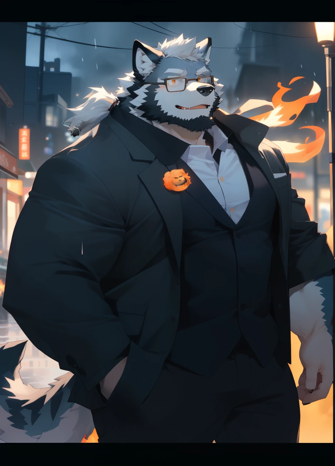 hairy，（（Wolf，Black-rimmed glasses，orange fire jacket）），beard，Hair is a long ponytail，long tail，white fur，male，Common，full-body shot，dynamic poses，giggle，rainy day，night，dark night，Detailed background，极其lifelike阴影，masterpiece，Very detailed，lifelike