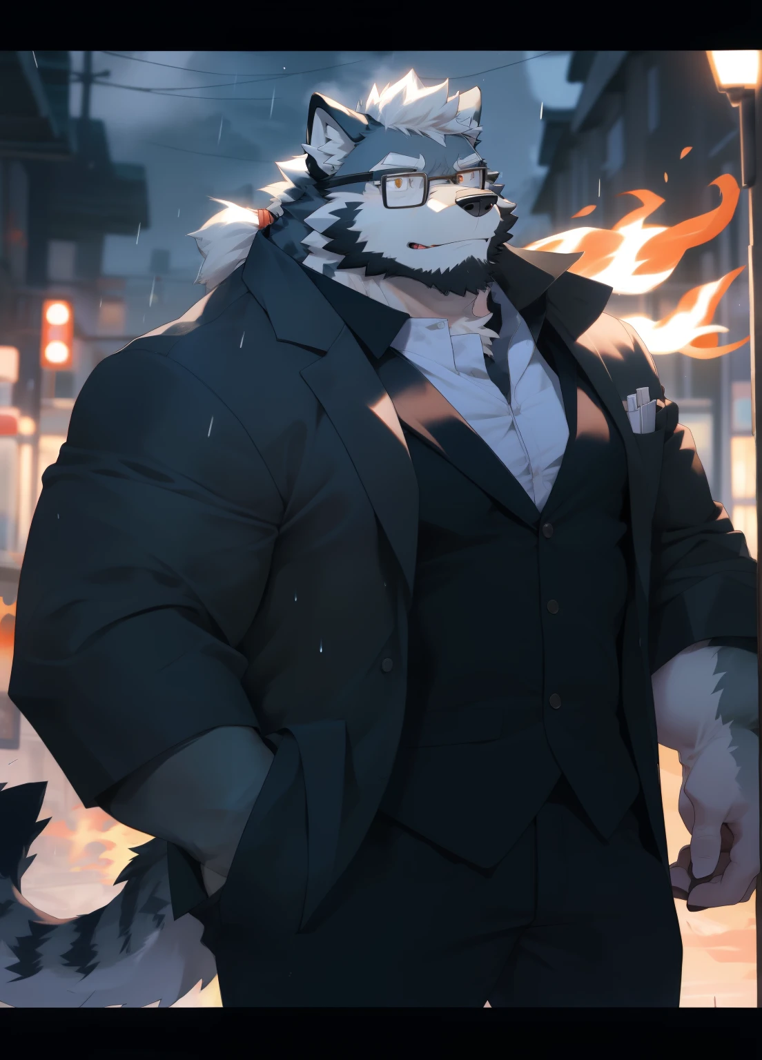 hairy,((Wolf,Black-rimmed glasses,orange fire jacket)),beard,Hair is a long ponytail,long tail,white fur,male,Common,full-body shot,dynamic poses,giggle,rainy day,night,dark night,Detailed background,极其lifelike阴影,masterpiece,Very detailed,lifelike