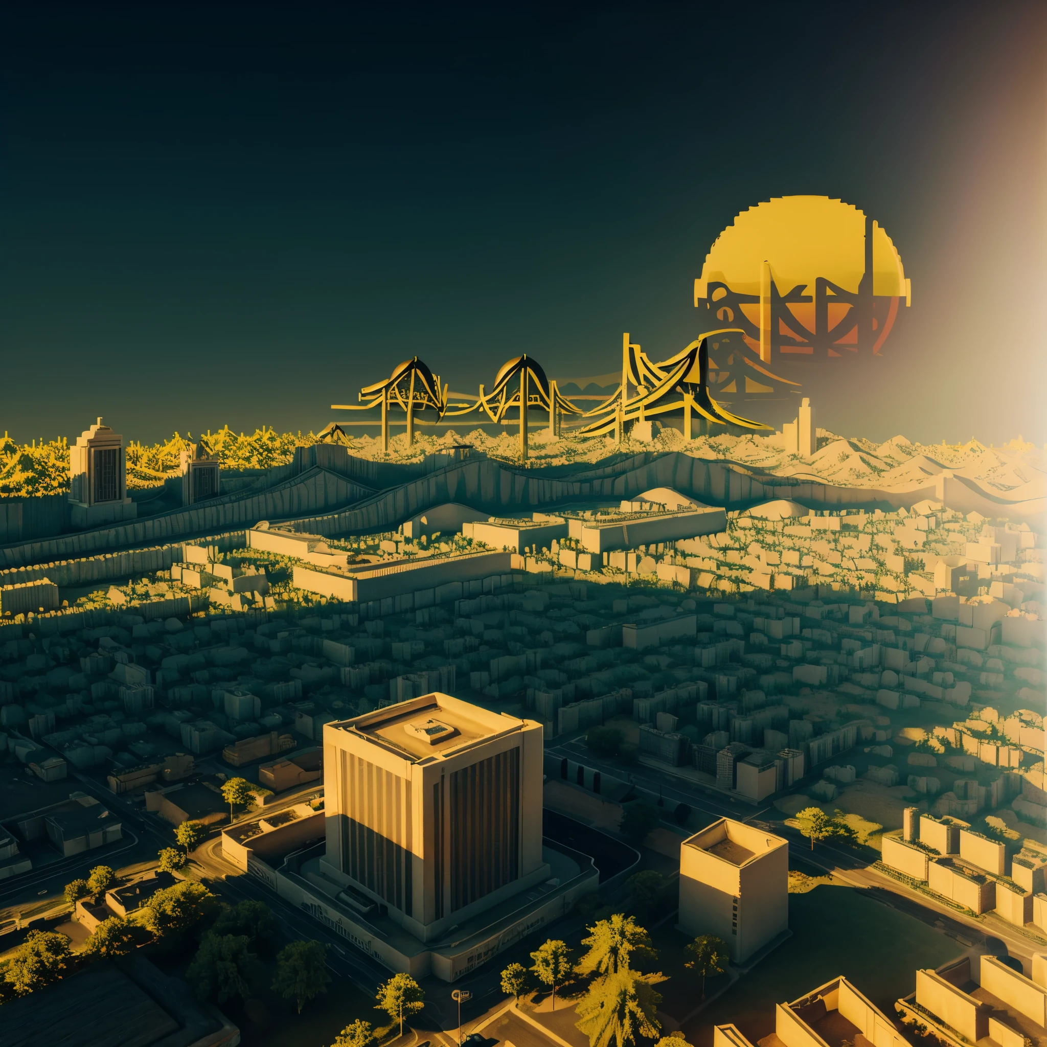 Landscape with buildings, (Anarchowave:1.6), hyper realistic, 8k, vibrant colors, sharp image