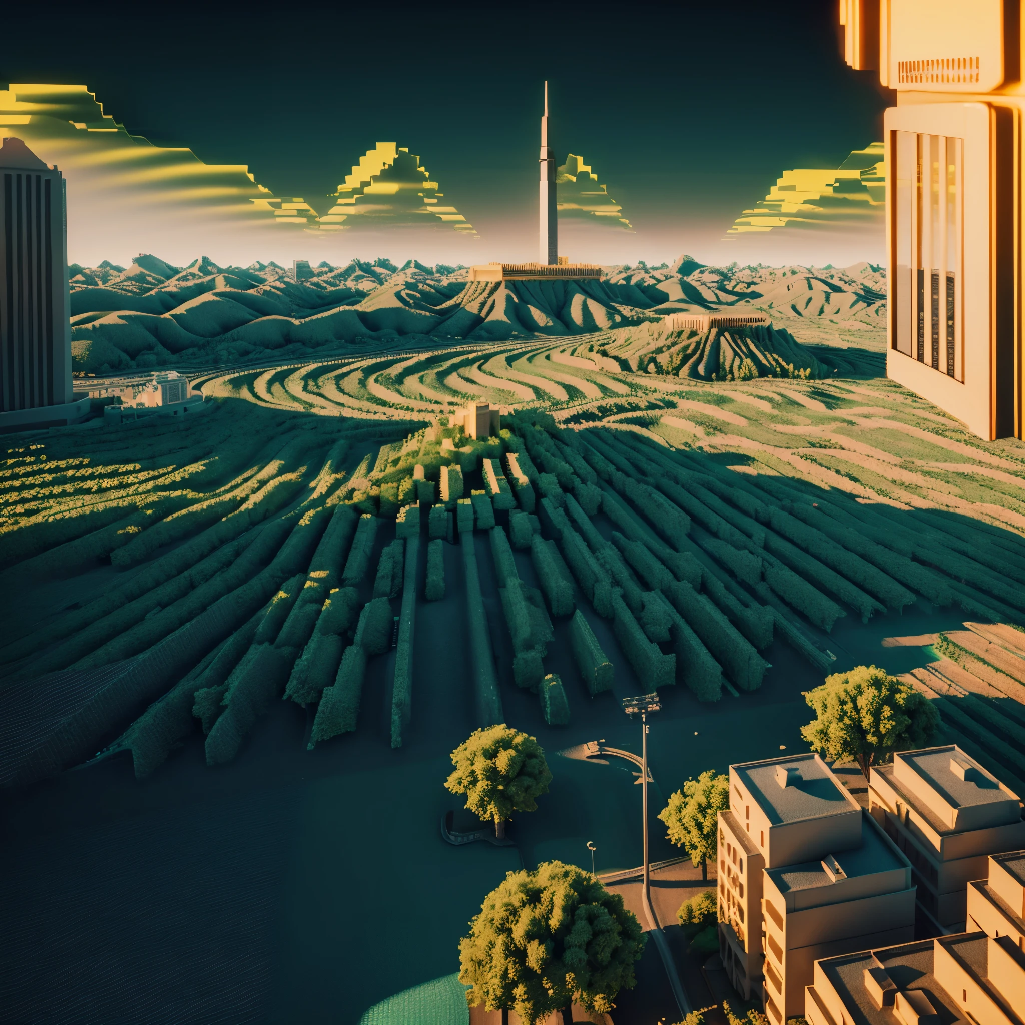 Landscape with buildings, (Anarchowave:1.6), hyper realistic, 8k, vibrant colors, sharp image