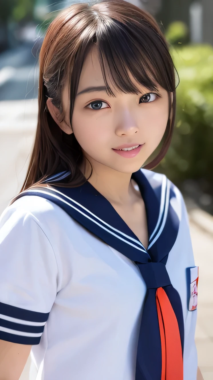 (masterpiece, highest quality:1.2), 8K, official art, RAW photo, incredibly absurd, (Upper body, sailor suit, serafuku:1.4), beautiful girl, cute face, (charming smile:1.2), arch back, (navy pleated skirt:1.1), close, school uniform, short sleeve, gardenia, violaces, Ten generations, street, looking at the viewer, no makeup, film grain, chromatic aberration, sharp focus, face light, dynamic lighting, cinematic lighting, detailed eyes and face, background bokeh
